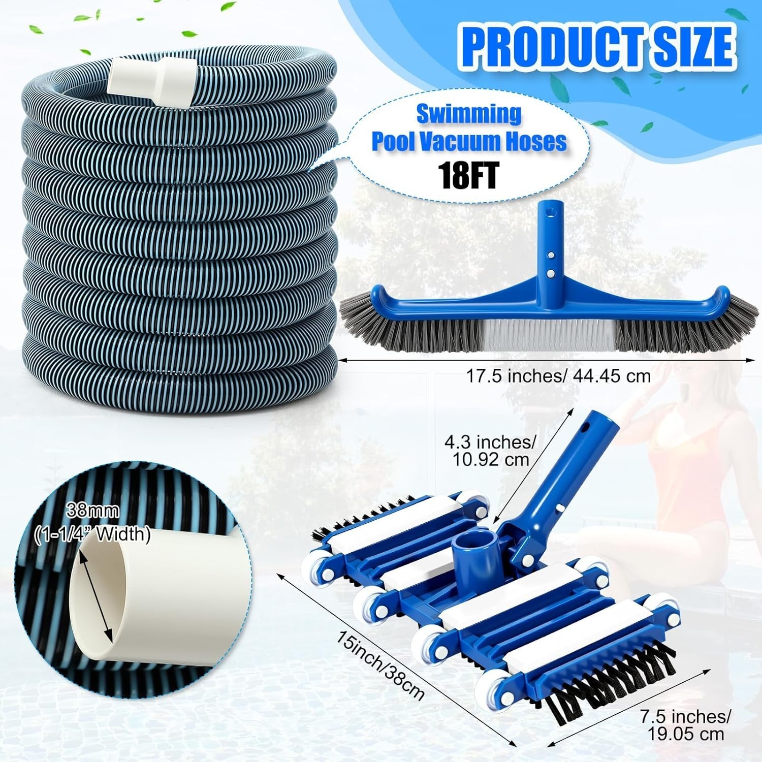 3 Pcs Pool Cleaning Kit Swimming Pool Vacuum Head Hoses 1-1/2&Prime; x 30ft with Swive