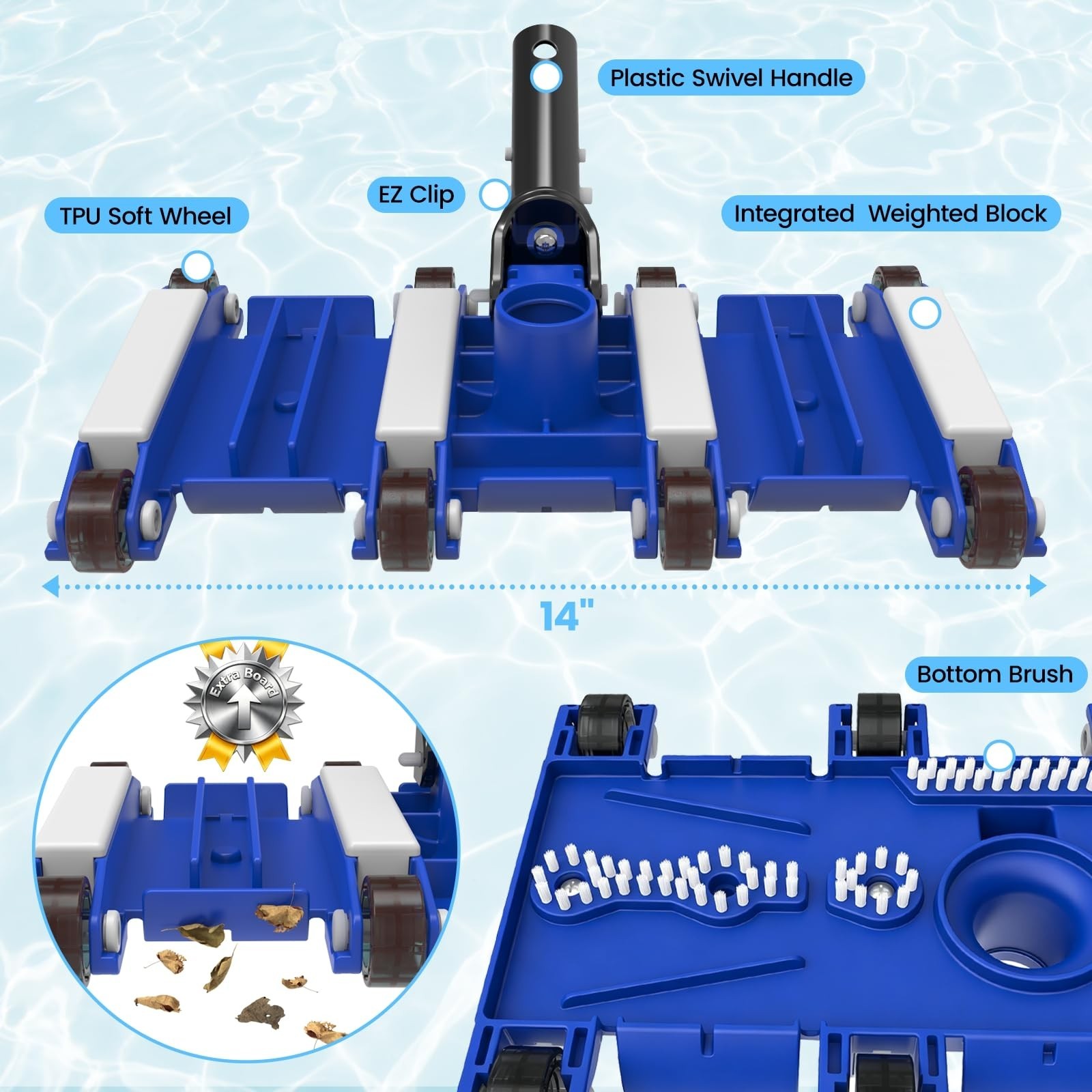 14&Prime; Weighted Pool Vacuum Head with Wheels, Manual Cleaner, Bottom Brushes & Swiv