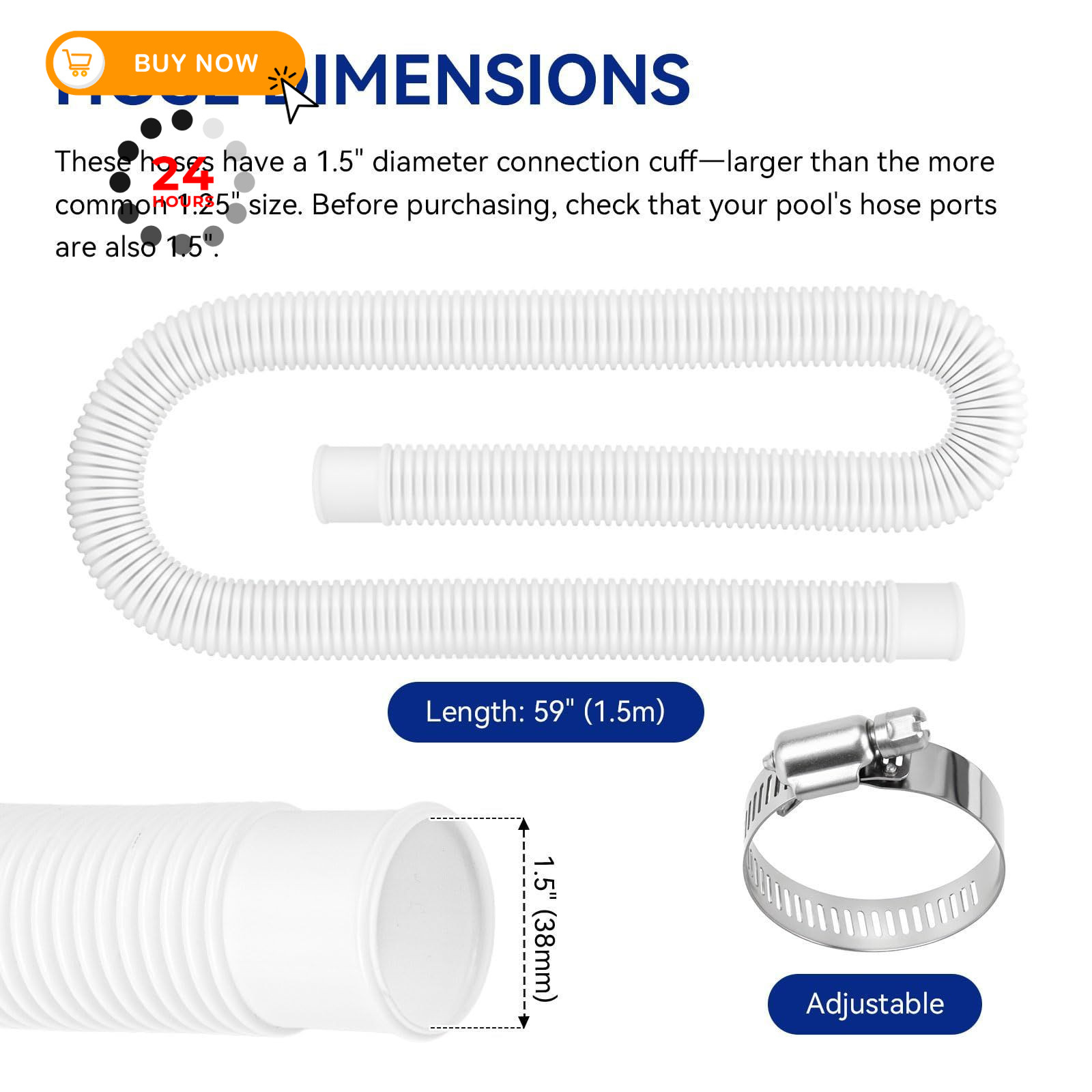 Pool Hoses for Above Ground Pools 1.5&Prime; Diameter 1.5 inches x 59 inches, White