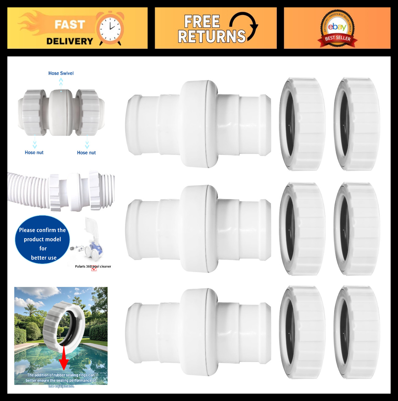 Pool Cleaner Replacement Swivel Kit Hose Connector 9-100-3002, 3 Joints, 6 Nuts