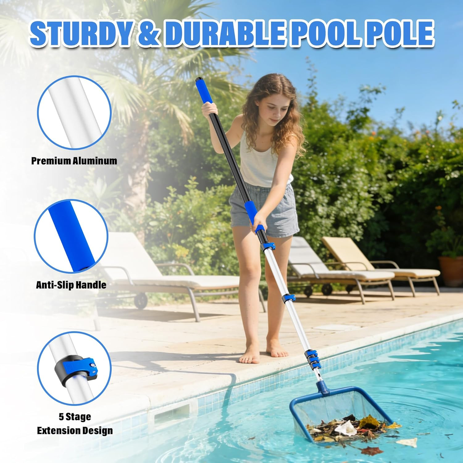 Pool Pole, 3-12FT Telescoping Swimming Pool Cleaning Pole, Upgraded Aluminum Ext