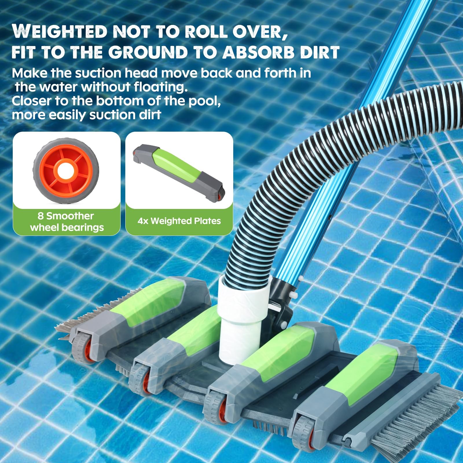 14&Prime; Heavy Duty Pool Vacuum Head with Wheels, Multi-Brush Manual Pool Vacuum, …