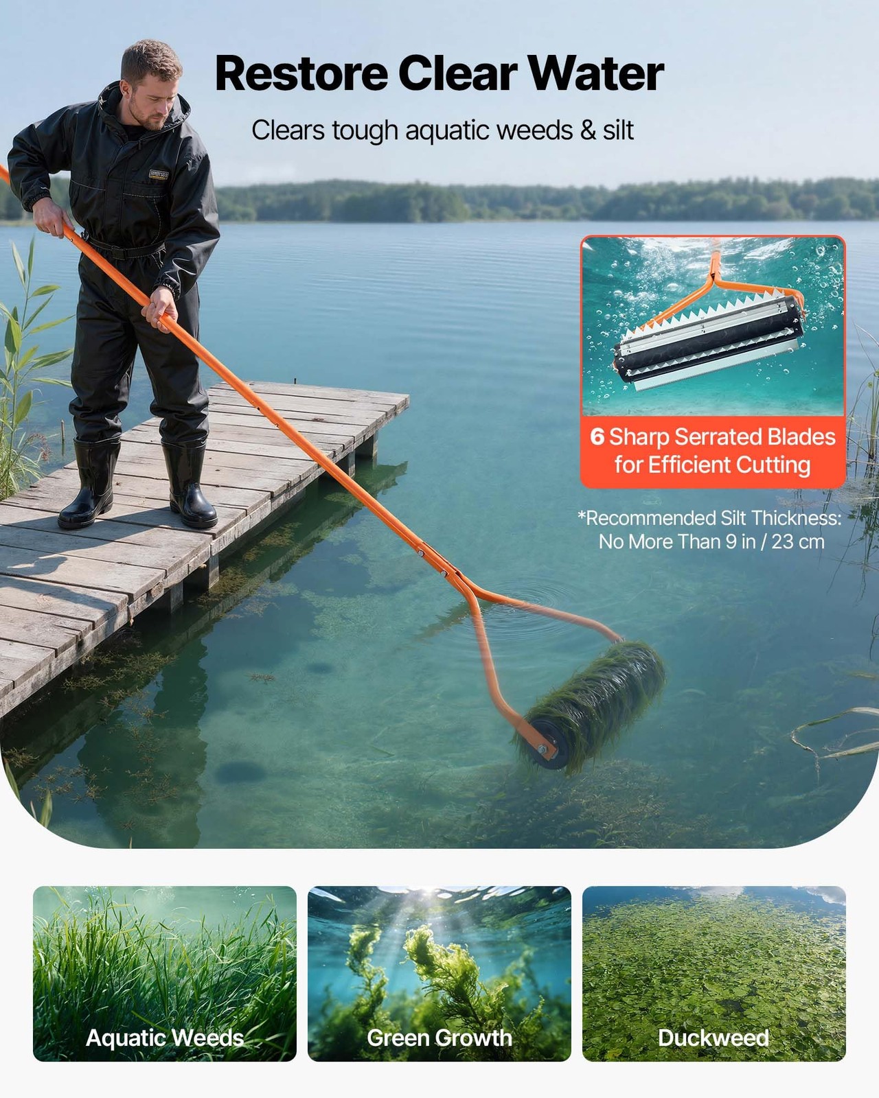 VEVOR Lake Weed Roller, 14.1 ft Stainless Steel & Pond Removal 14ft