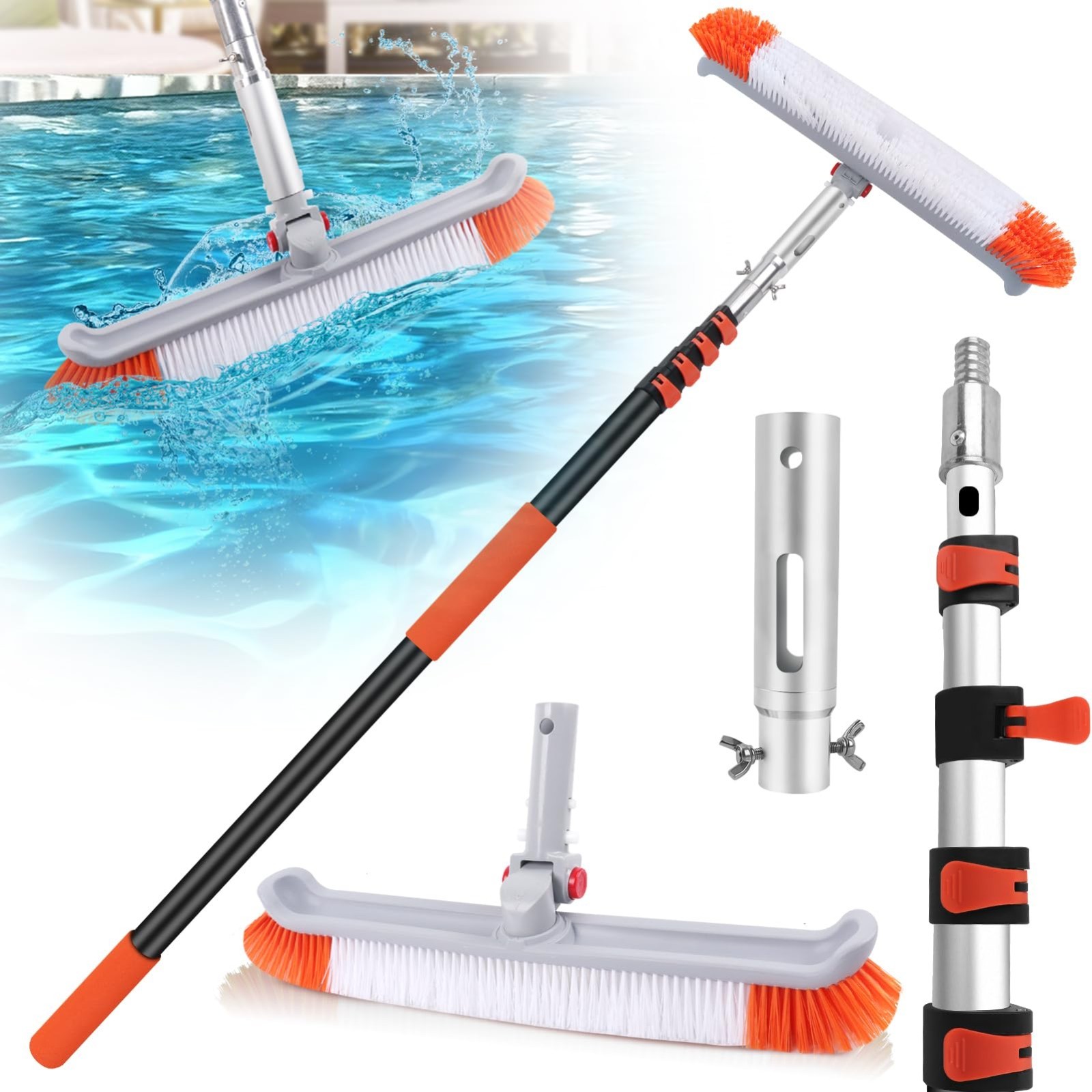 16FT Telescoping Pool Cleaning Pole with 19&Prime; Brush Head – Heavy Duty Adjustable