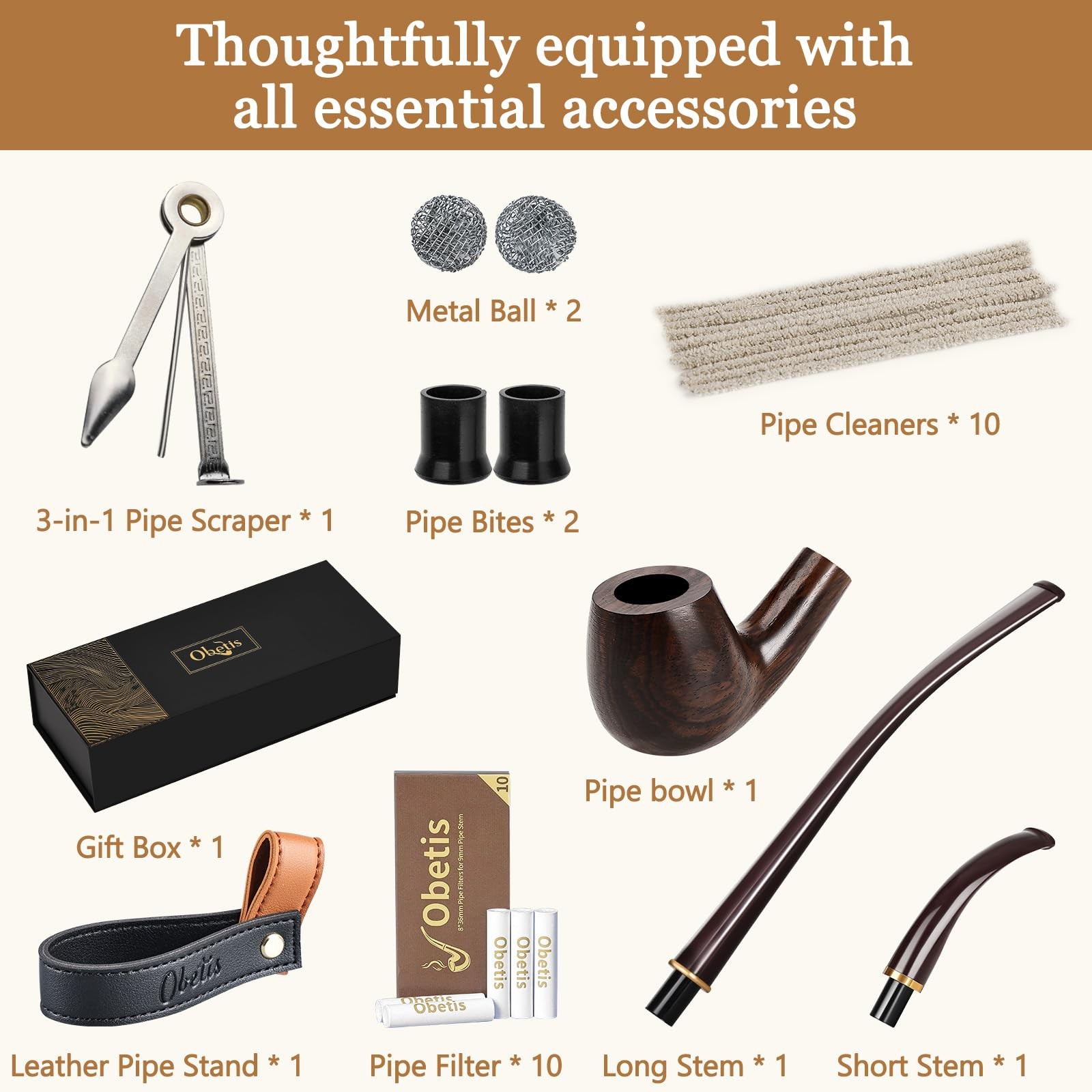 Obetis Ebony Tobacco Pipe Set – Handcrafted Bent Stem Wood with Brown