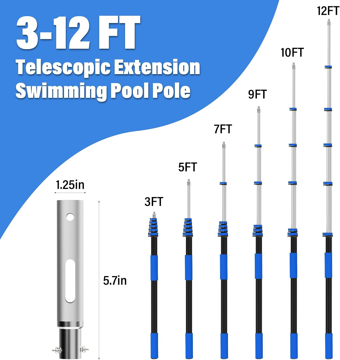 Pool Pole, 3-12FT Telescoping Swimming Pool Cleaning Pole, Upgraded Aluminum Ext