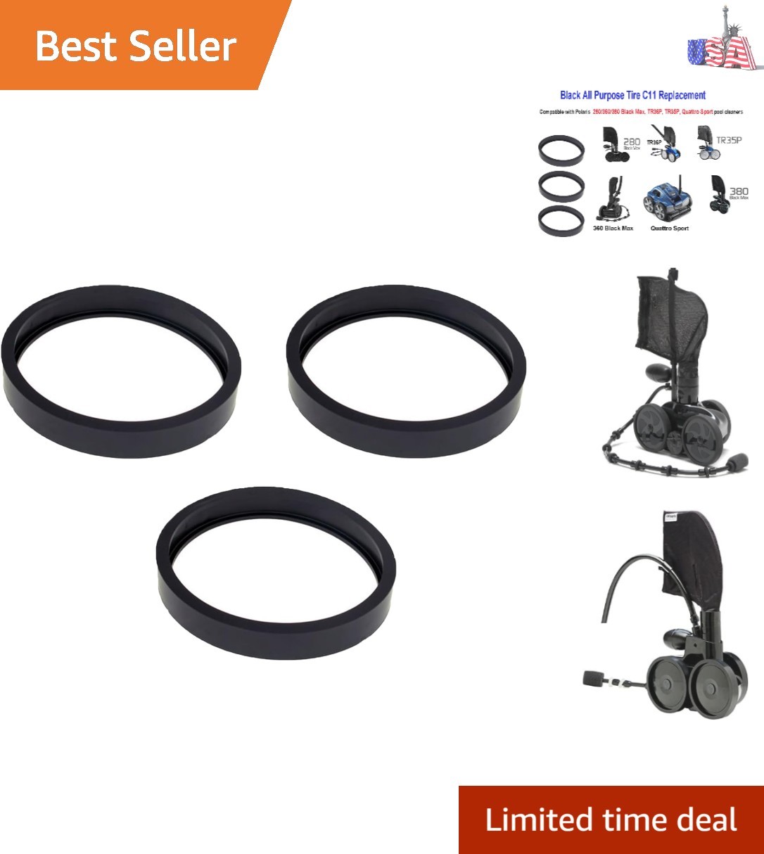Pool Cleaner All Purpose Tire C11 For Polaris 280/380/360 Black Max, TR35P, T…