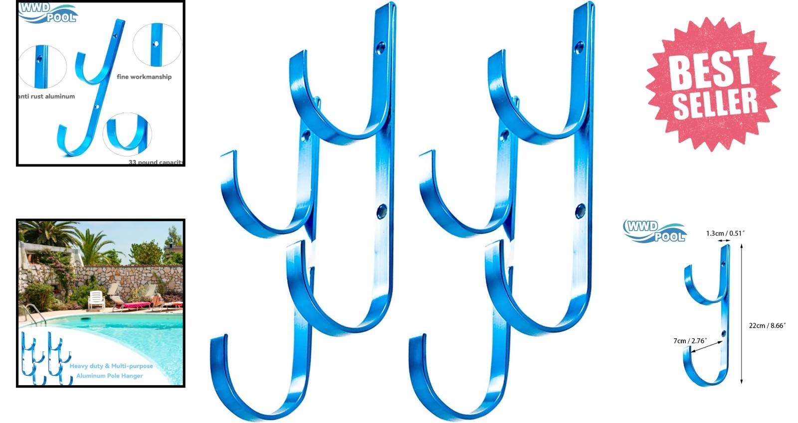 Blue Aluminum Hook Set for Securing Pool Poles & Garden Tools – 4 Hooks