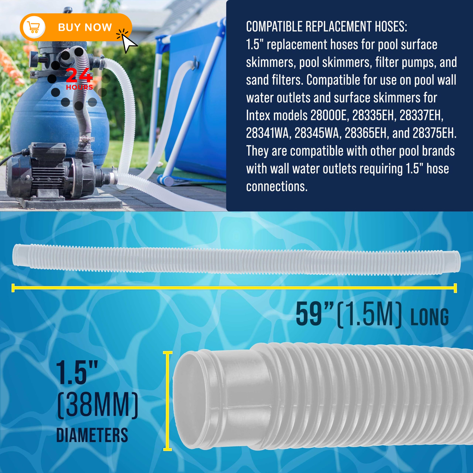 U.S. Pool Supply Above Ground Hose Replacement 1.5&Prime; 1.5 Inch, White