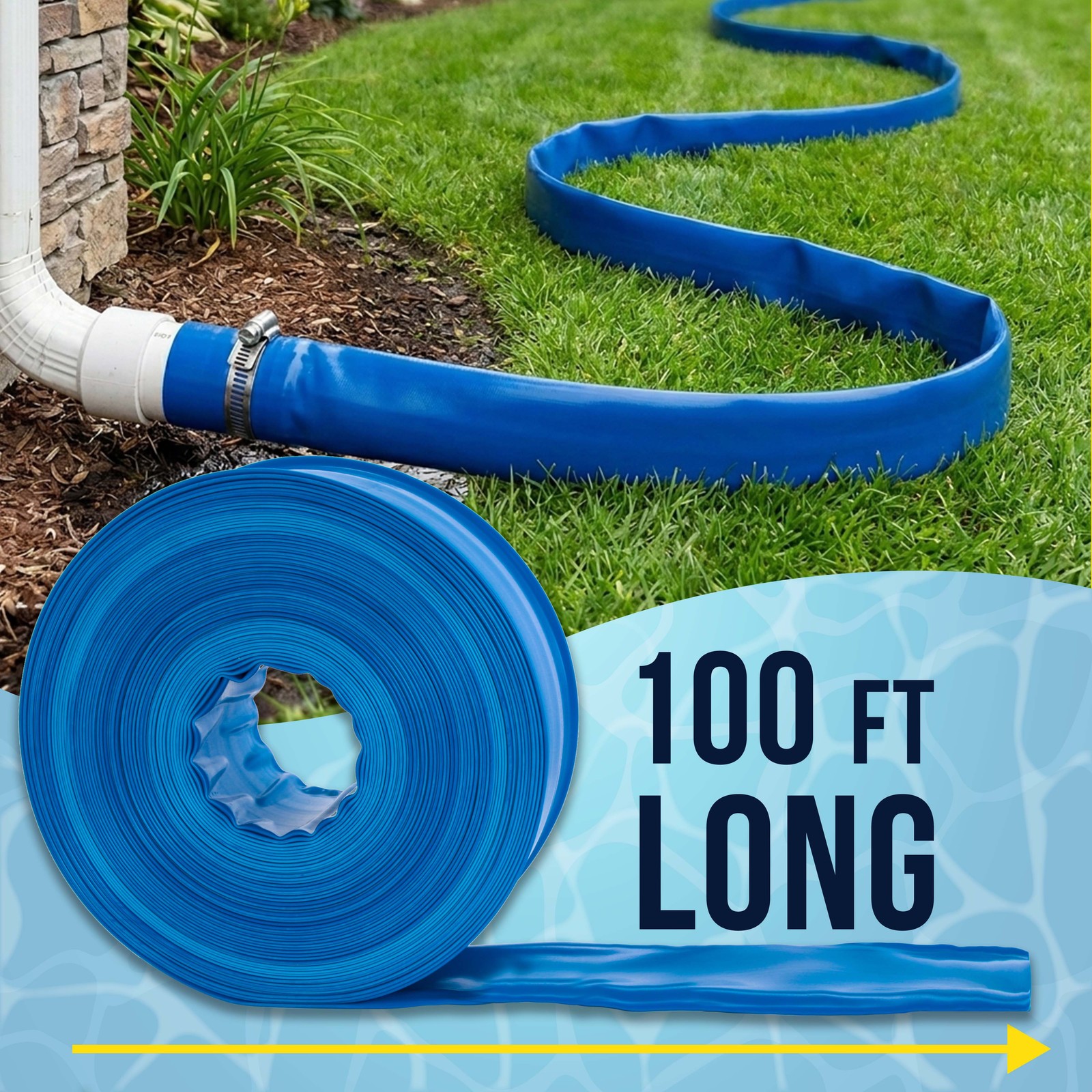 2&Prime; x 100&prime; Heavy Duty Blue Swimming Pool Backwash Hose with Clamp, Discharge