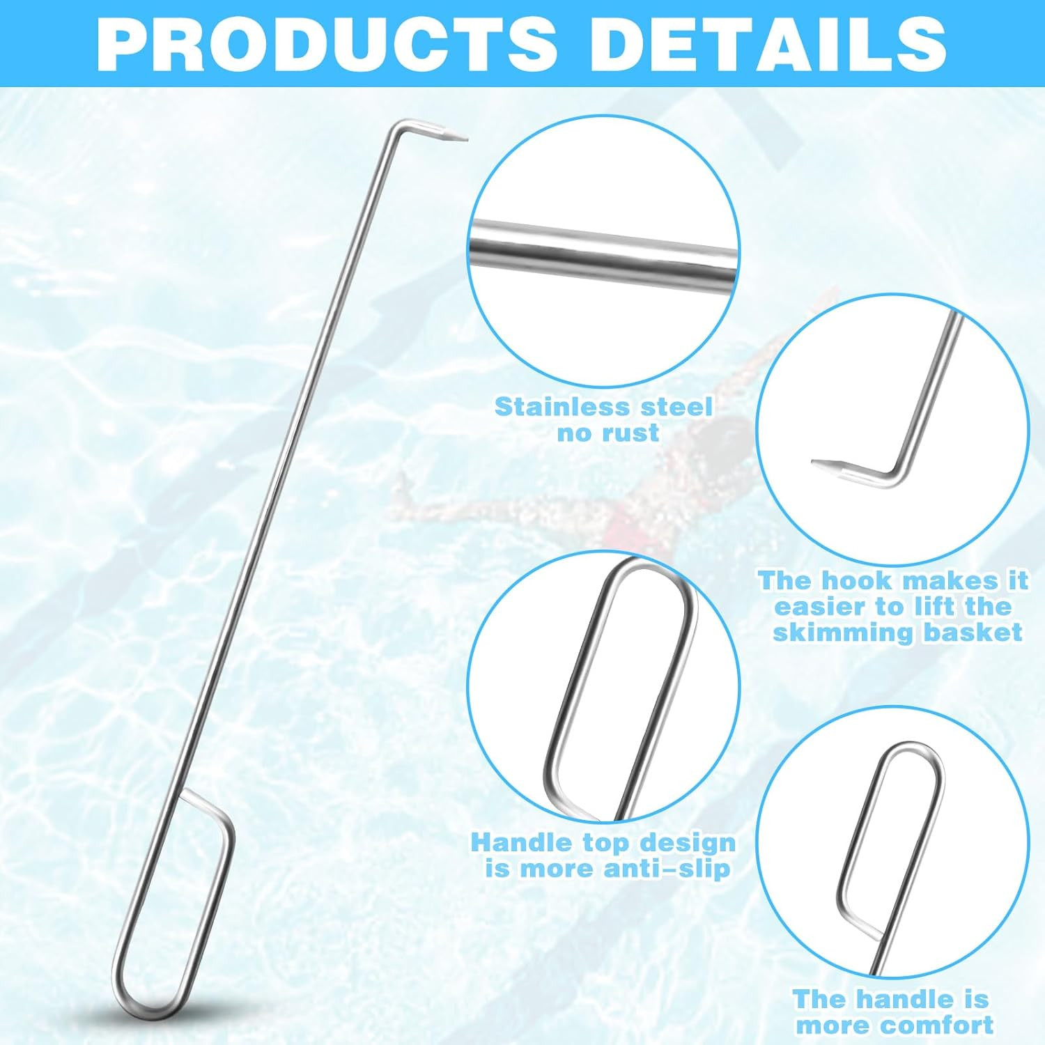 Pool Skimmer Basket Hook Tool Stainless Steel Handle for Safe Pool Cleaning D…