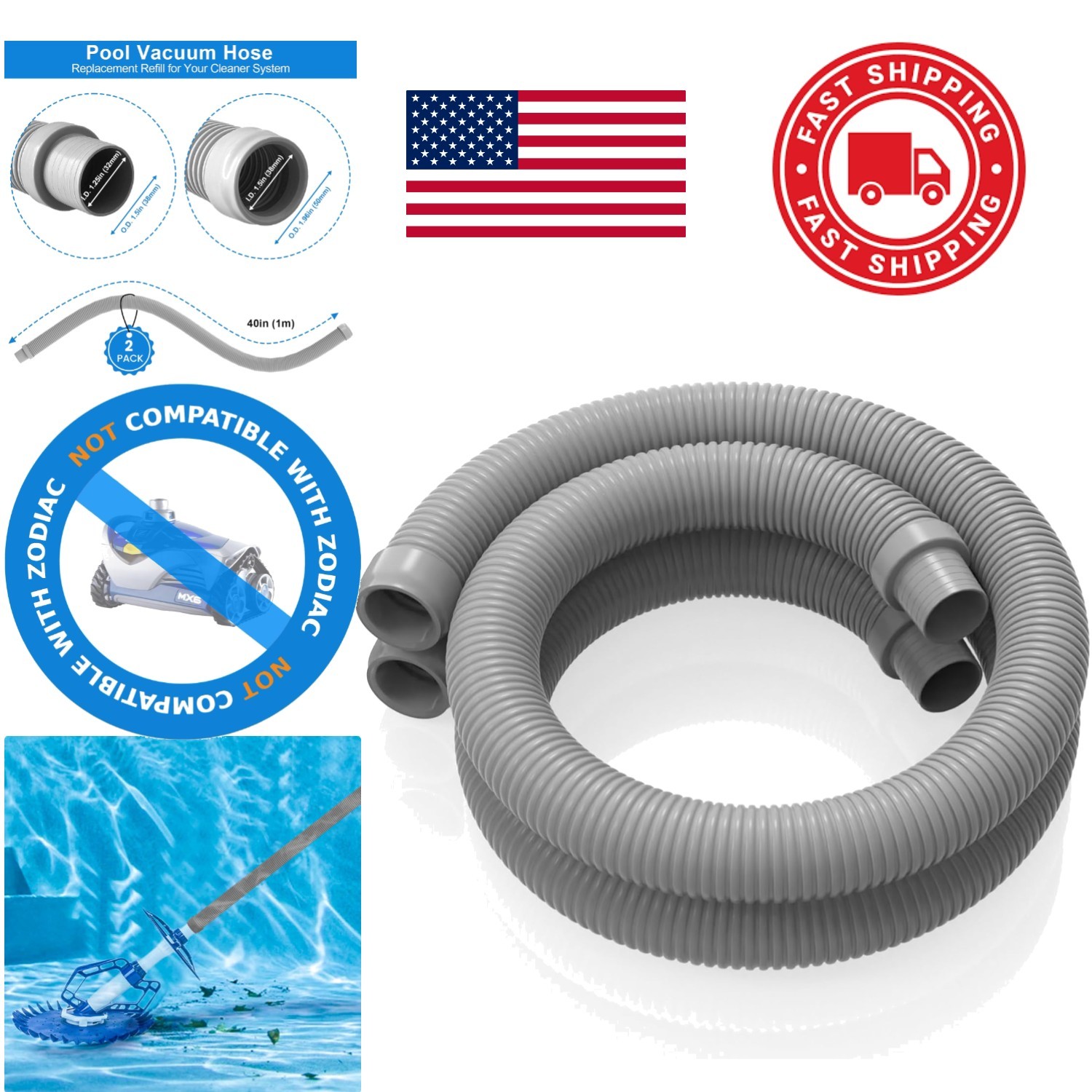 Spiral Wound Pool Vacuum Hose 40 Inch 2 Pack Gray Strong Lightweight Material
