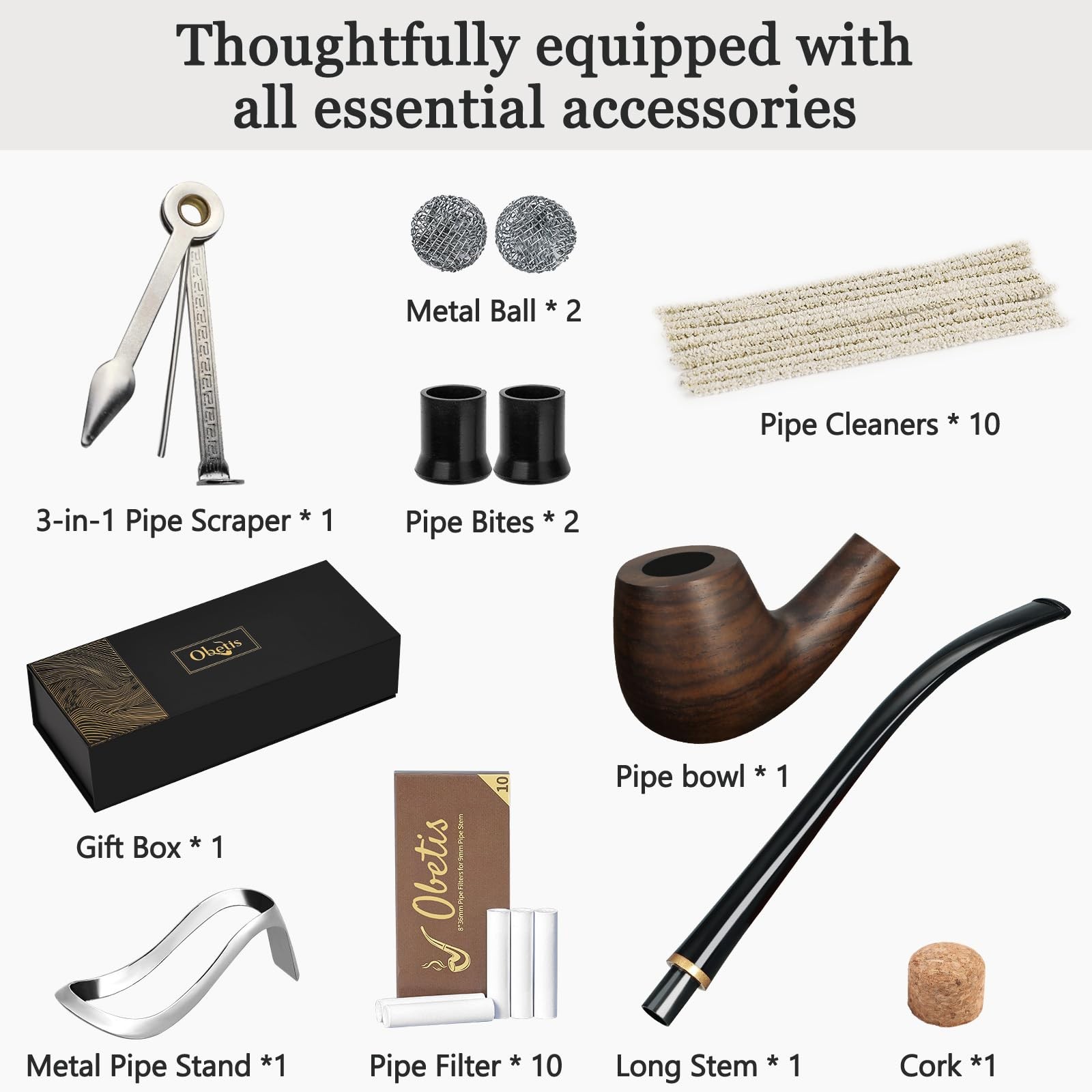 Obetis Ebony Tobacco Pipe Set – Elegant Churchwarden Style Long Dark Brown