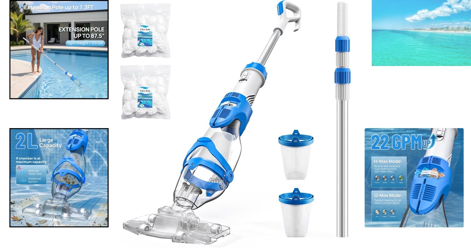22 GPM Pool Vacuum with 60-Min Runtime & 7.3FT Telescopic Pole
