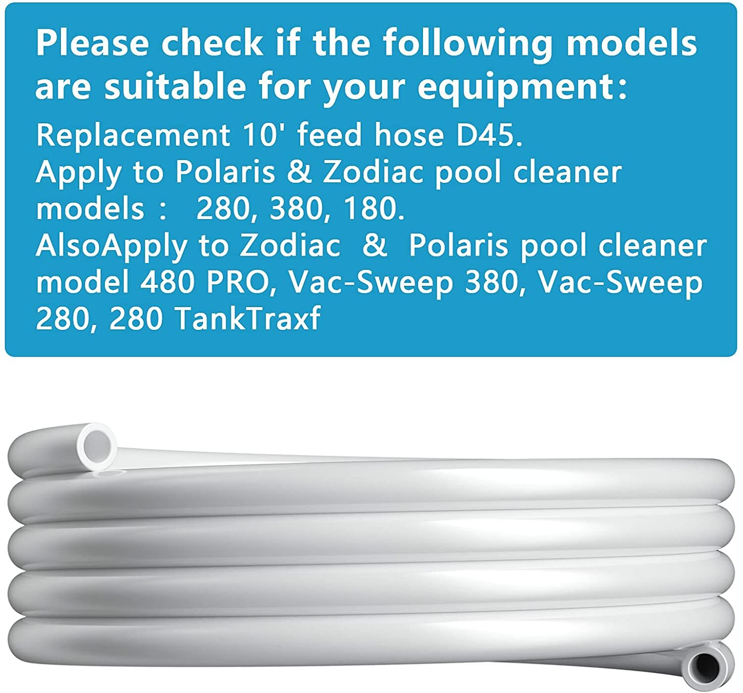 Pool Cleaner 10&prime; Feet Feed Hose D45 D-45 For Zodiac Polaris 180 280 380 480