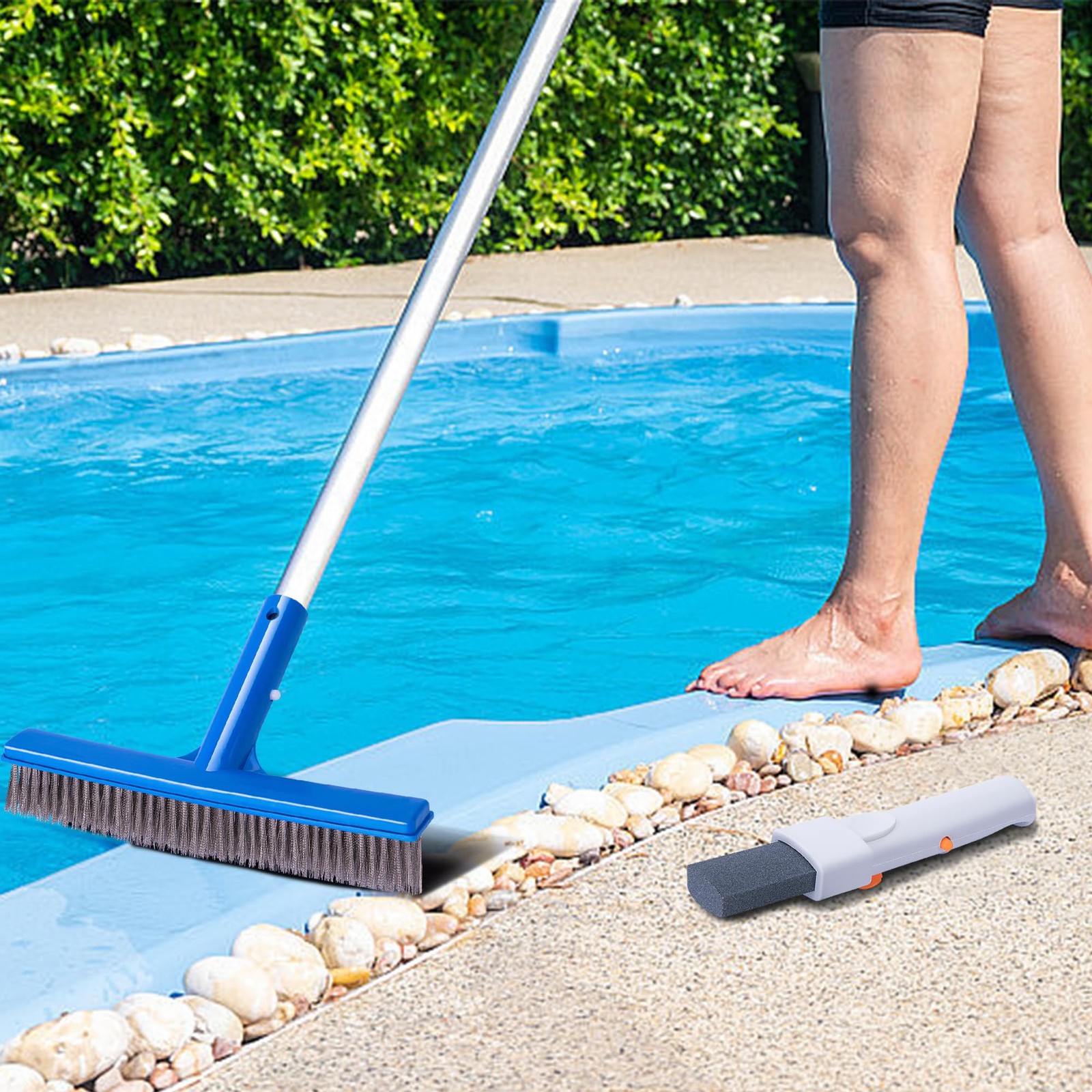 3 Pcs Pumice Stone and Pool Brush Kit-Pumice Stones with Handle and 10&Prime;Stainless