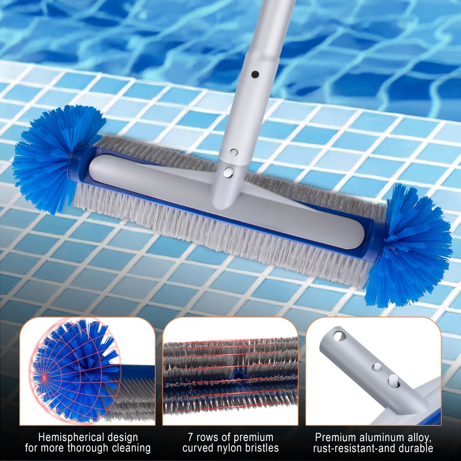 Pool Cleaning Kit, Aluminum Skimmer Net w 7.5Ft Telescoping Pole&17.5” Brush Hea