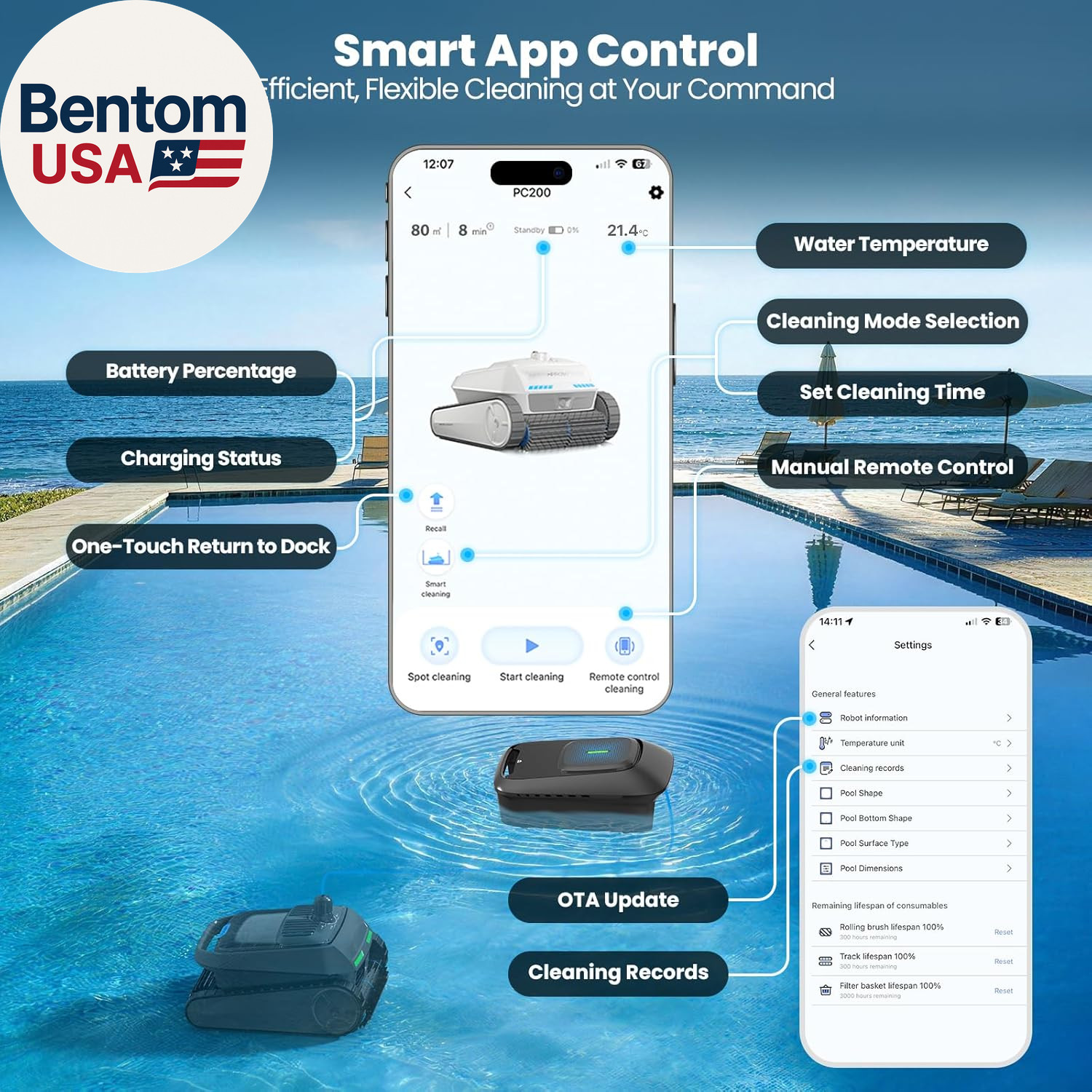 PC200 Robotic Pool Cleaner, Cordless Pool Vacuum Robot for Inground & above Grou