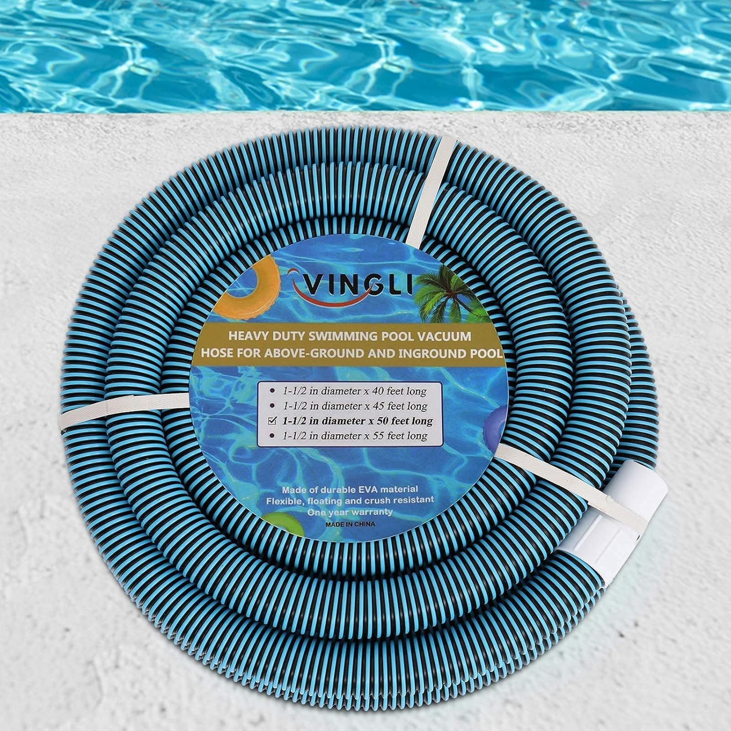 Blue 1-1/2-Inch x 50-Foot Pool Vacuum Hose Heavy Duty EVA