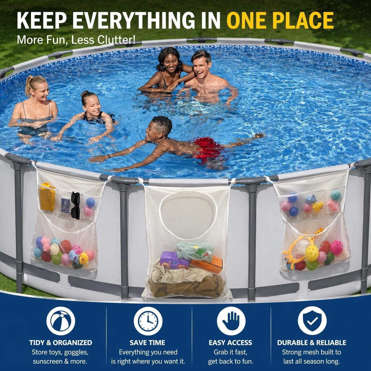 Poolside Pool Float Storage, 3-Pack Mesh Storage Bags with 6 Adhesive Hooks