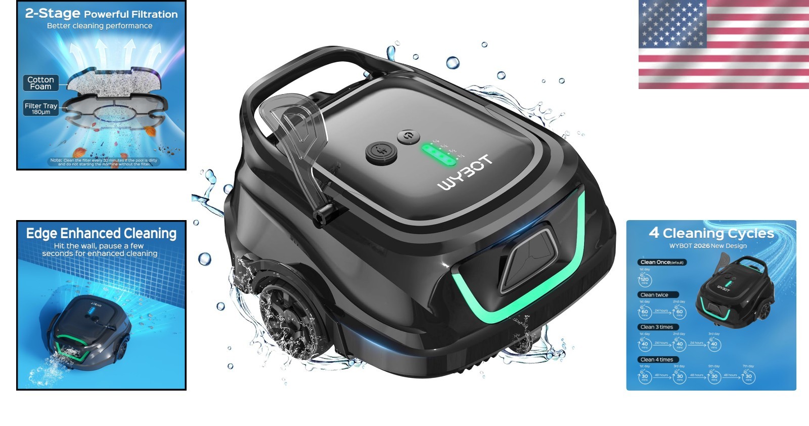 Smart Robotic Pool Cleaner – Abyss Black Green, 130 Mins Runtime & Self-Parking