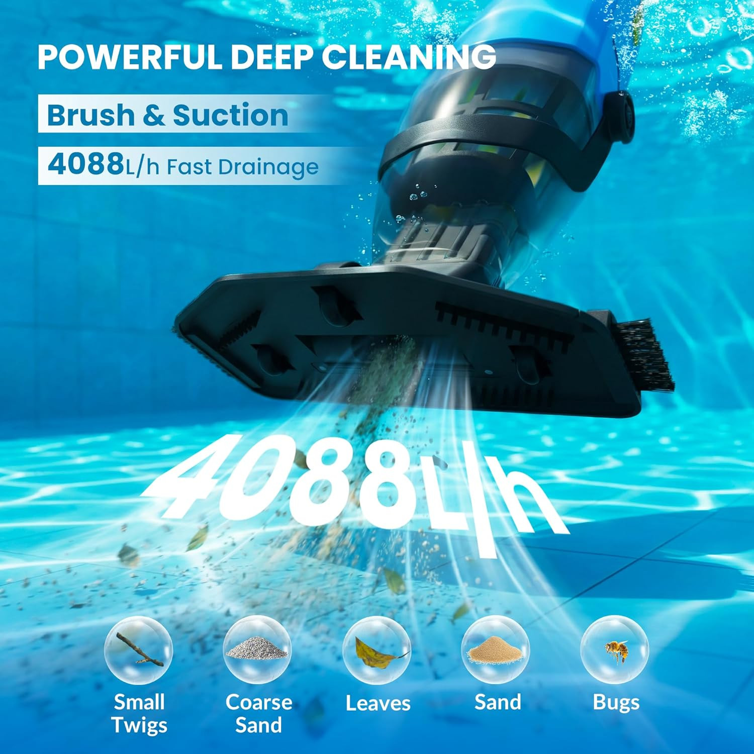 Cordless Pool Vacuum above & Inground Pools, Powerful 15GPM Suction, Handheld Po