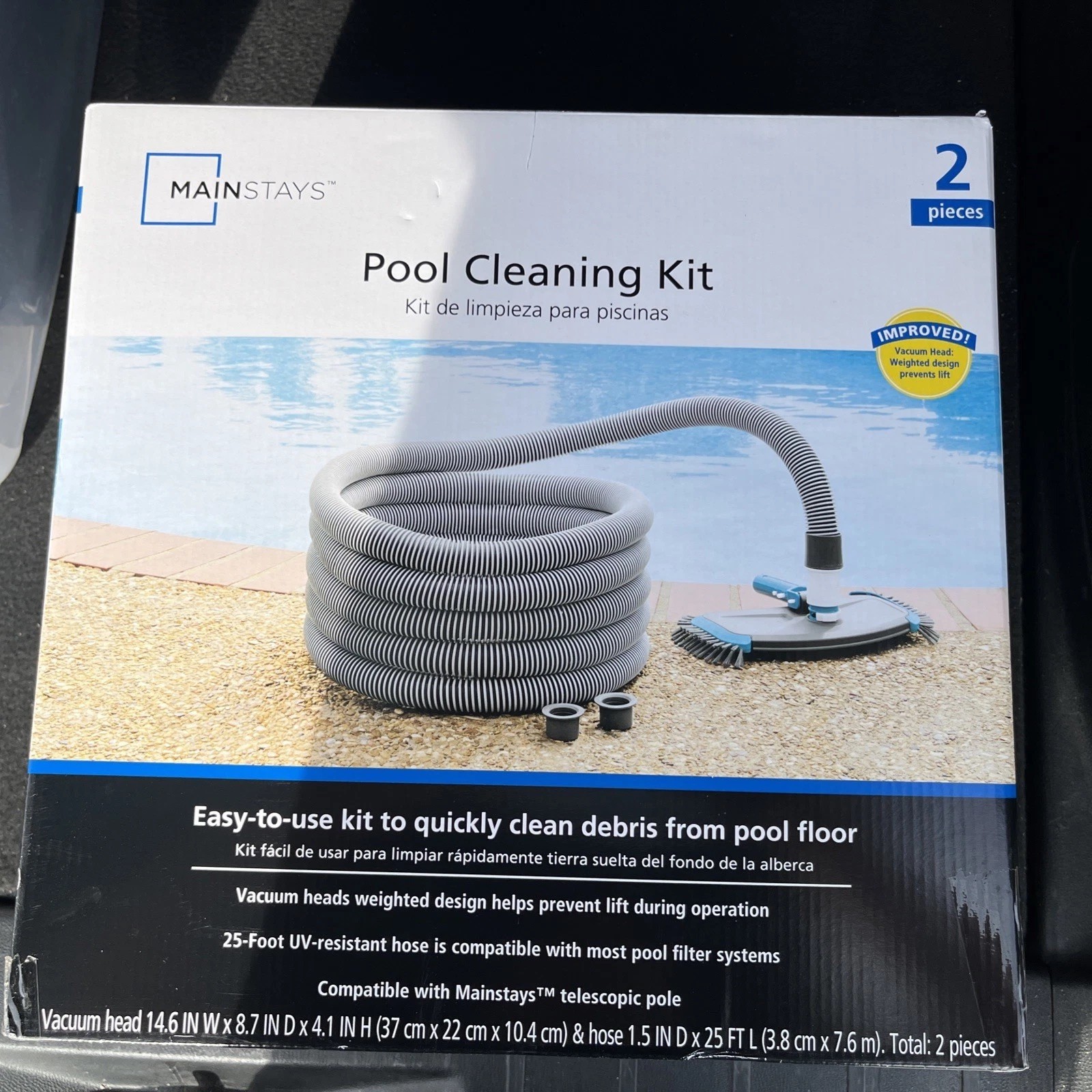 Mainstays Pool Vacuum Kit 2-Piece 25ft UV-Resistant Hose+Swivel Head 1.25&Prime;/1.5&Prime;
