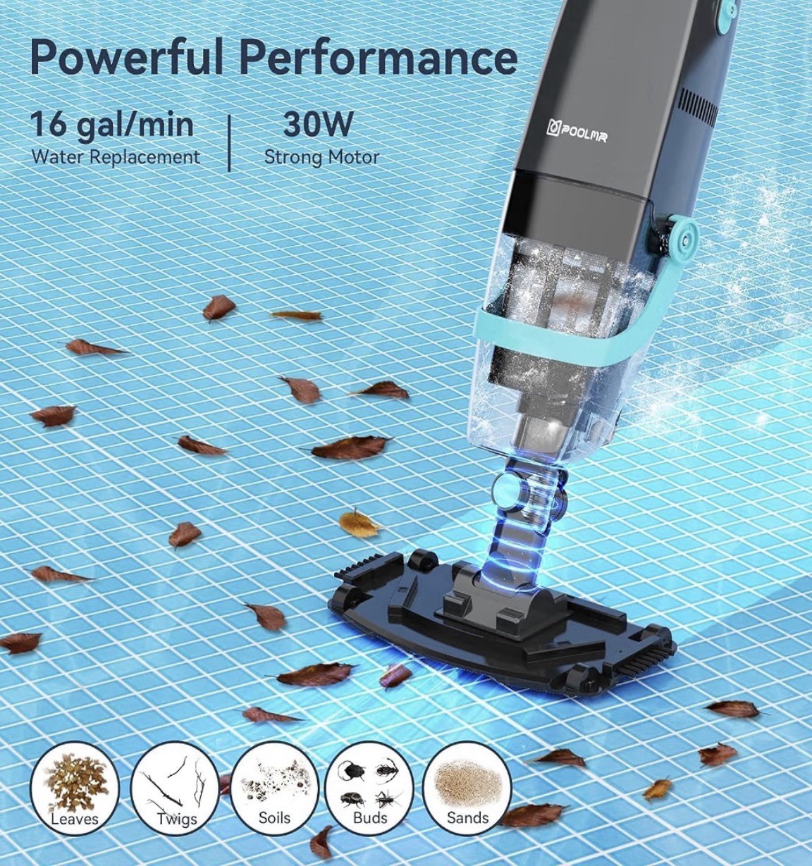 PoolMr Cordless Handheld Pool Vacuum, Rechargeable Pool Cleaner, 18.5 Gal/Min