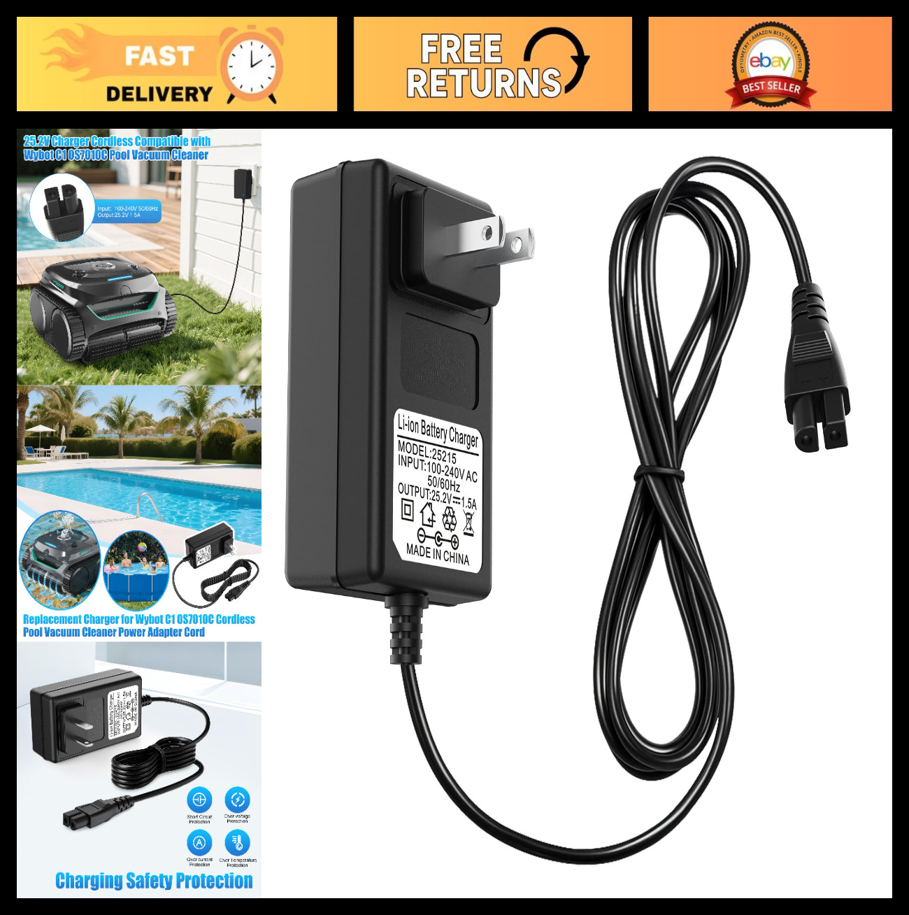 25.2V Charger Adapter for Robotic Pool Cleaner, Compatible with Cordless Vacuum