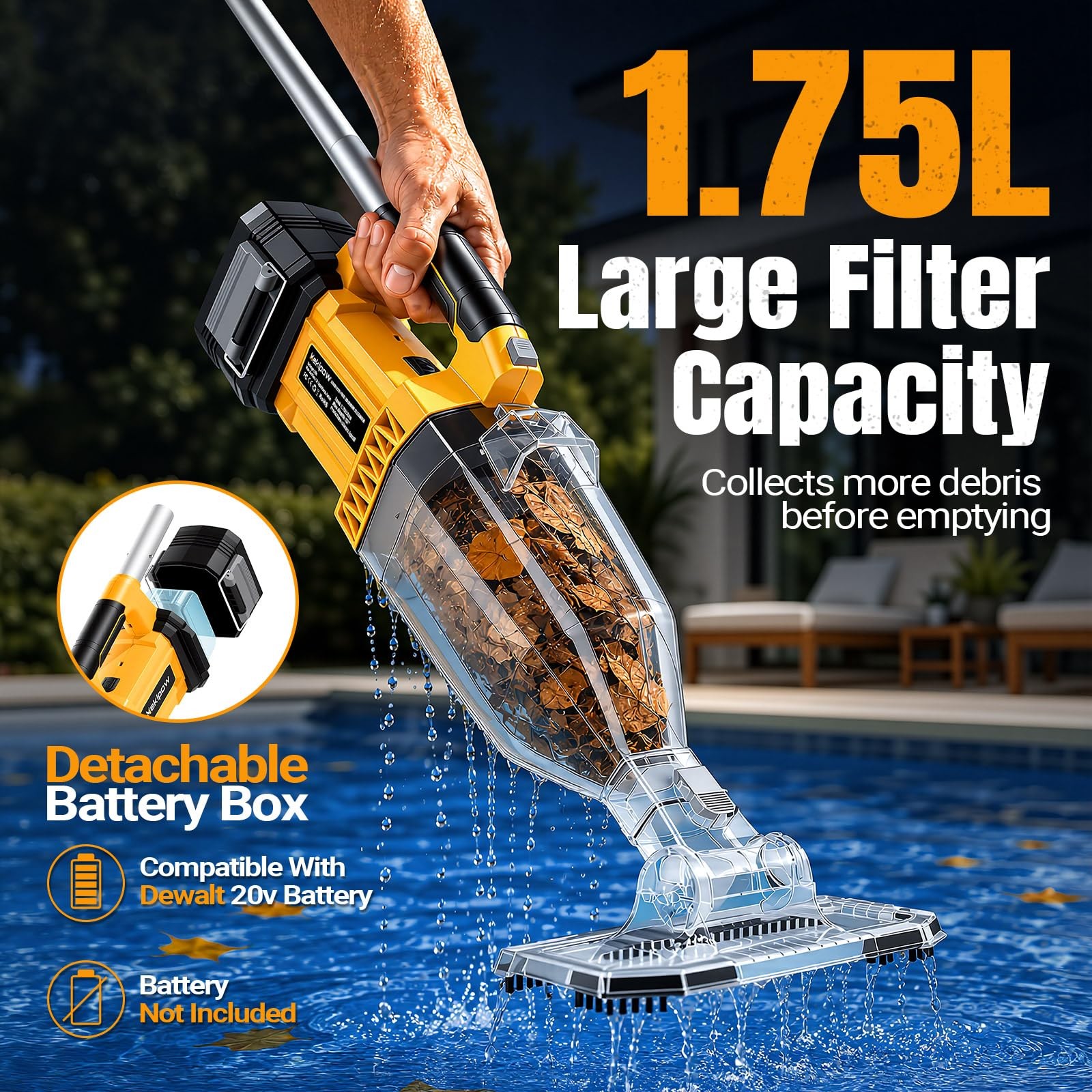 Cordless Handheld Pool Vacuum for Above Ground Pool for Dewalt 20V Battery, S…
