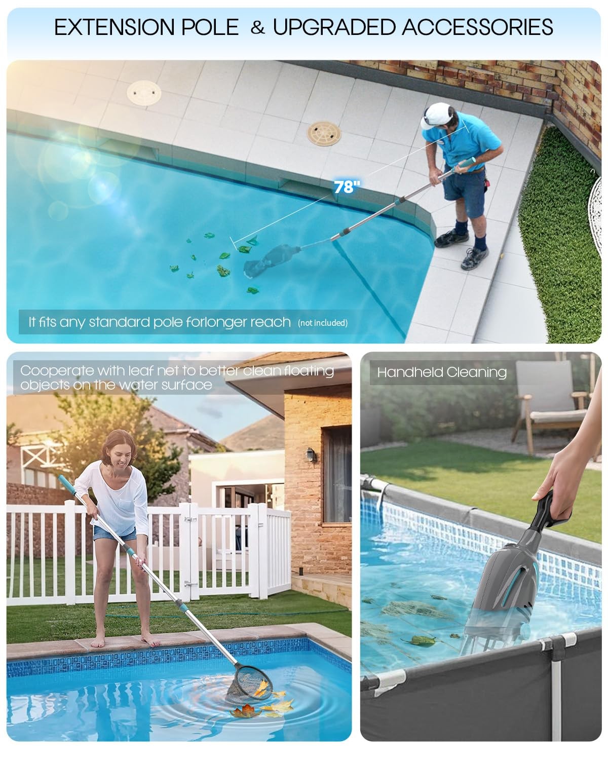 Cordless Handheld Pool Vacuum, Pool Vacuum for Above Ground Pool with Telesco…