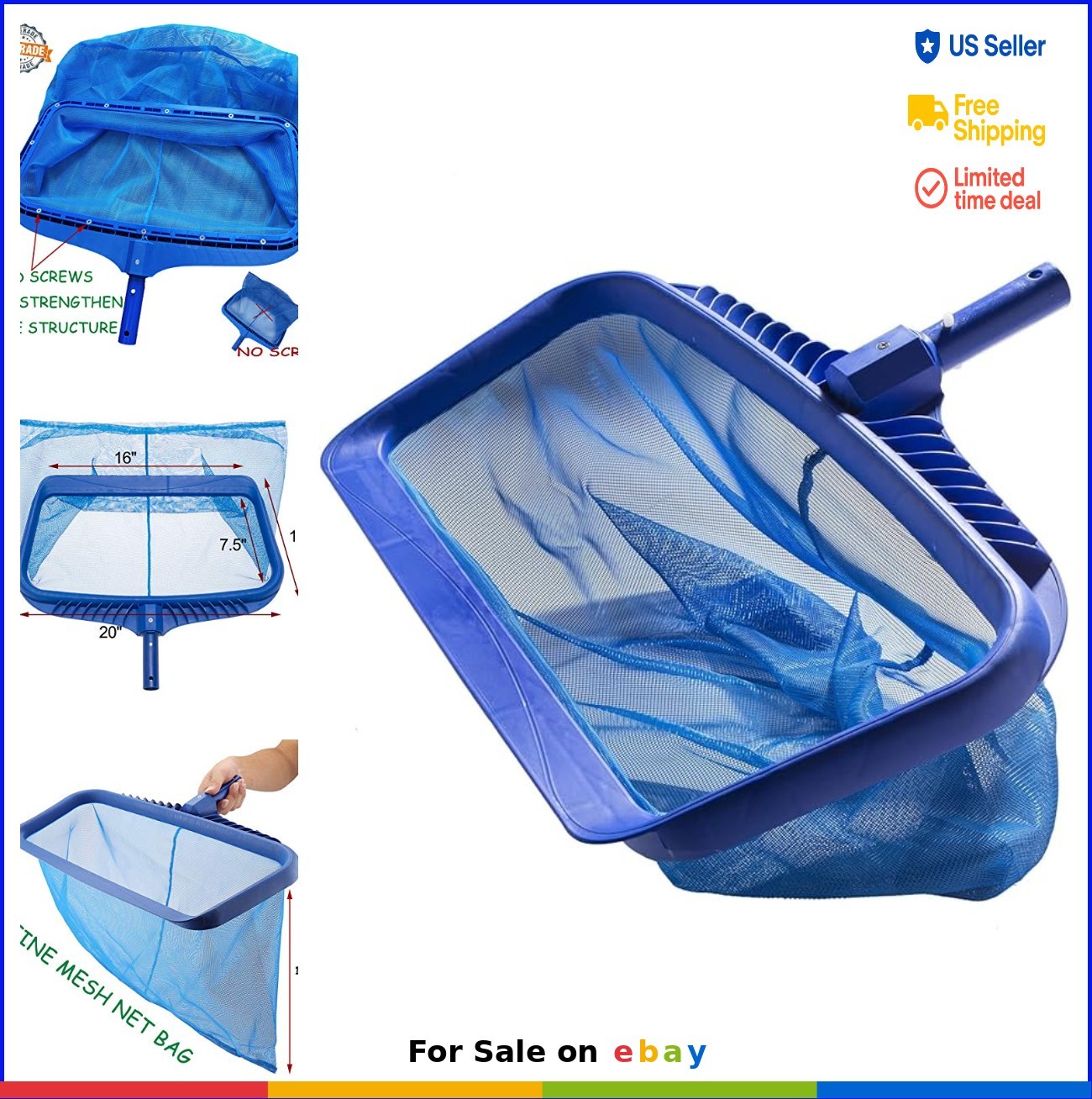 Pool Skimmer Net Heavy Duty Leaf Rake Fine Mesh Deep Bag Catcher for Swimming
