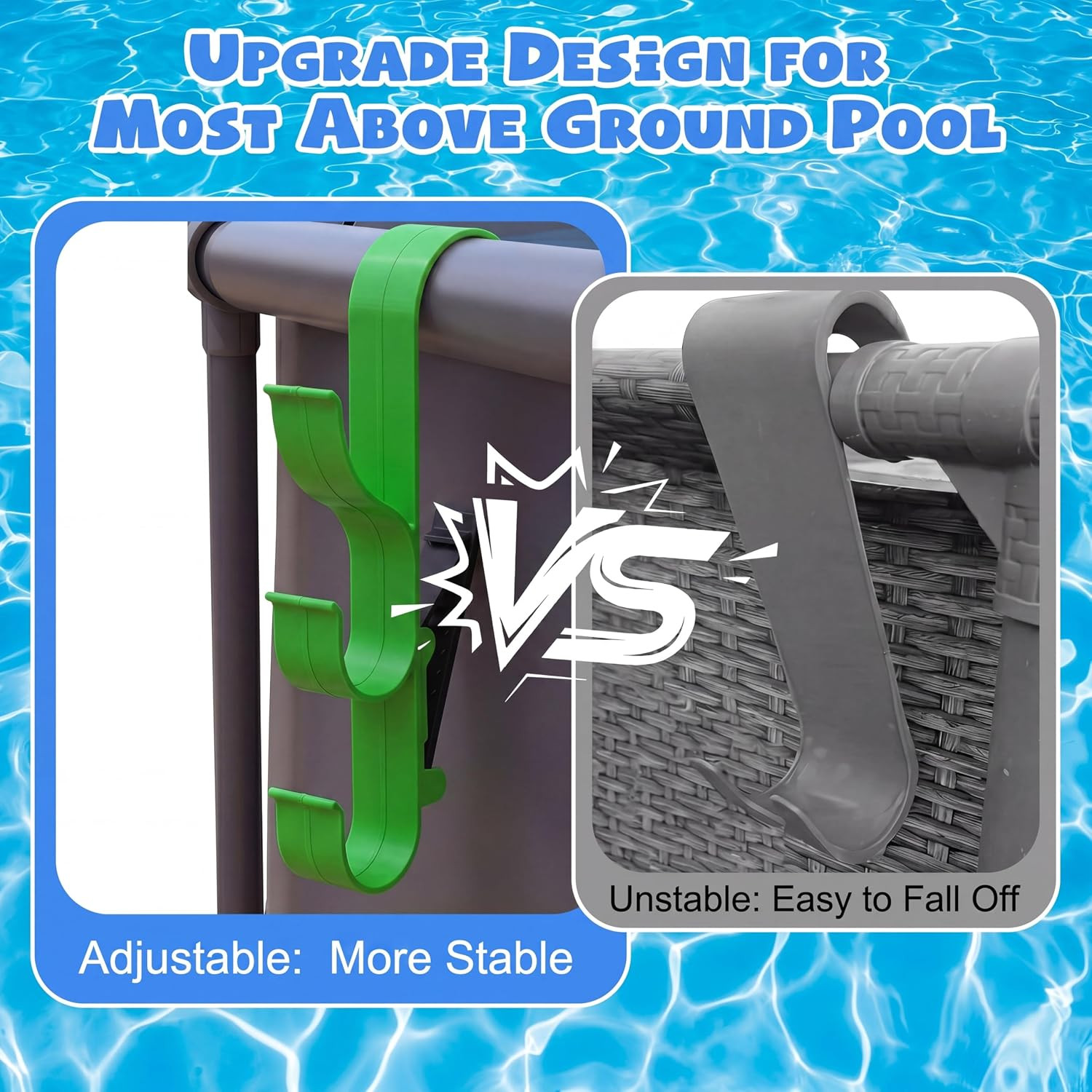 2 Pack Adjustable Pool Pole Hanger with 3 Hooks, Pool Fence Hooks Clip-On Poolsi