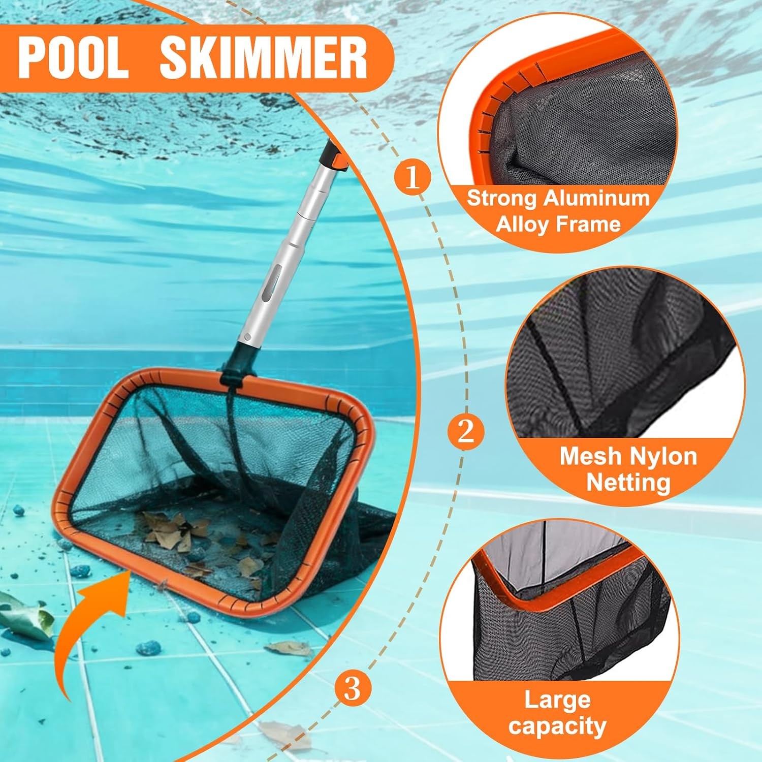 LAANPOLE 4-in-1 Pool Skimmer Net with Pole, Heavy Duty Pool Net and Fine Mesh