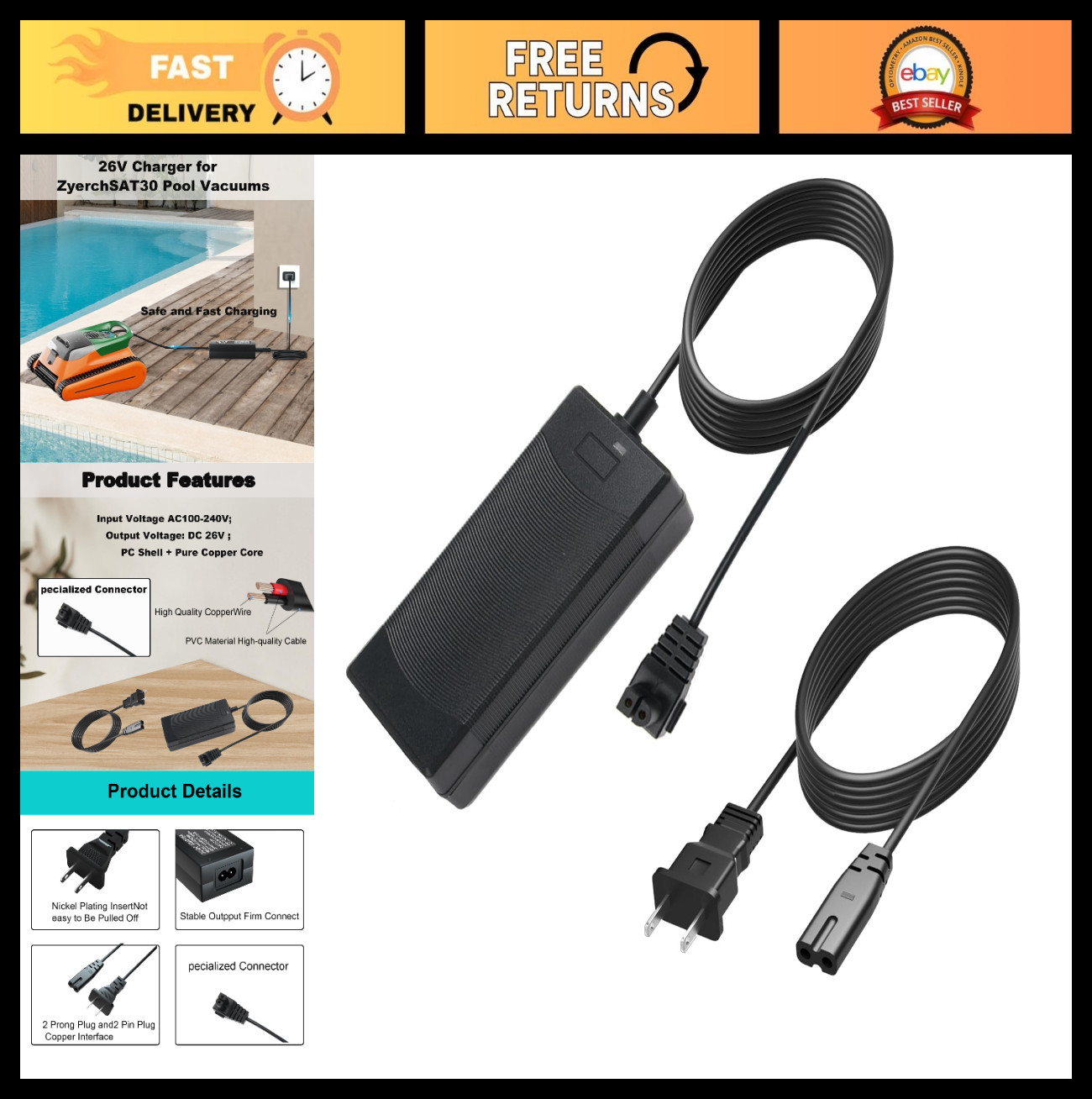 26V Charger for 21.6V Battery Pool Cleaner, Compatible with Robotic Vacuums