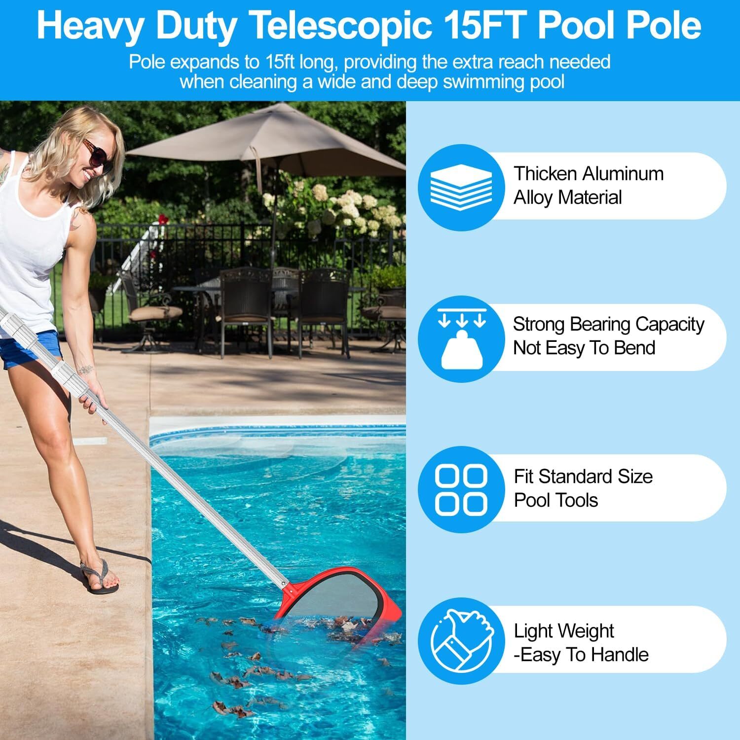 Professional 15Foot Swimming Pool Pole Telescopic Aluminum Fits Pool Net Skimmer