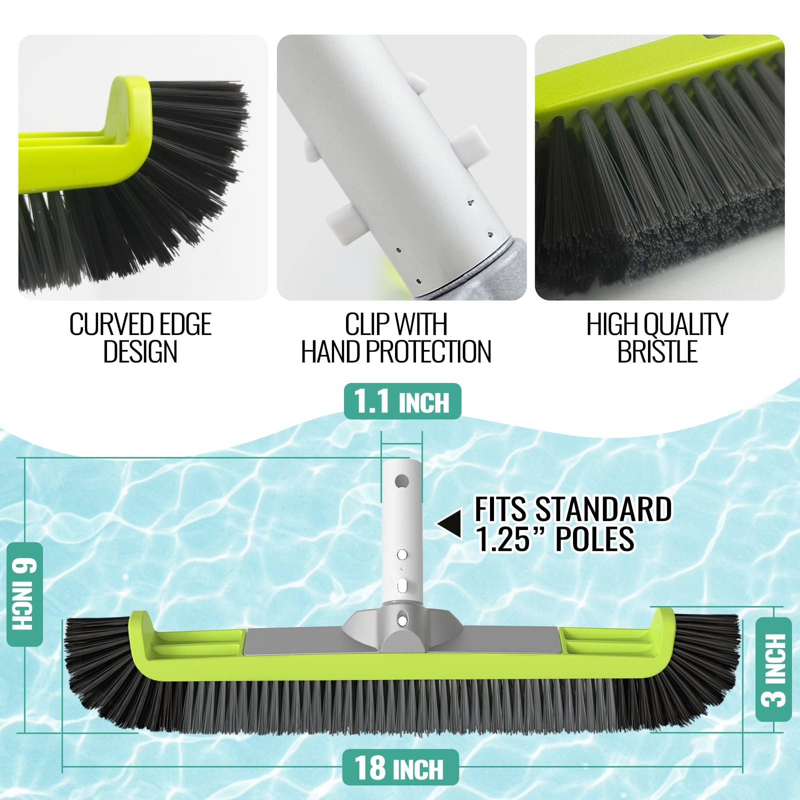 HeavyDuty Pool Brush Head for Walls & Floors Tile Fiberglass Vinyl 18 Inch Gree