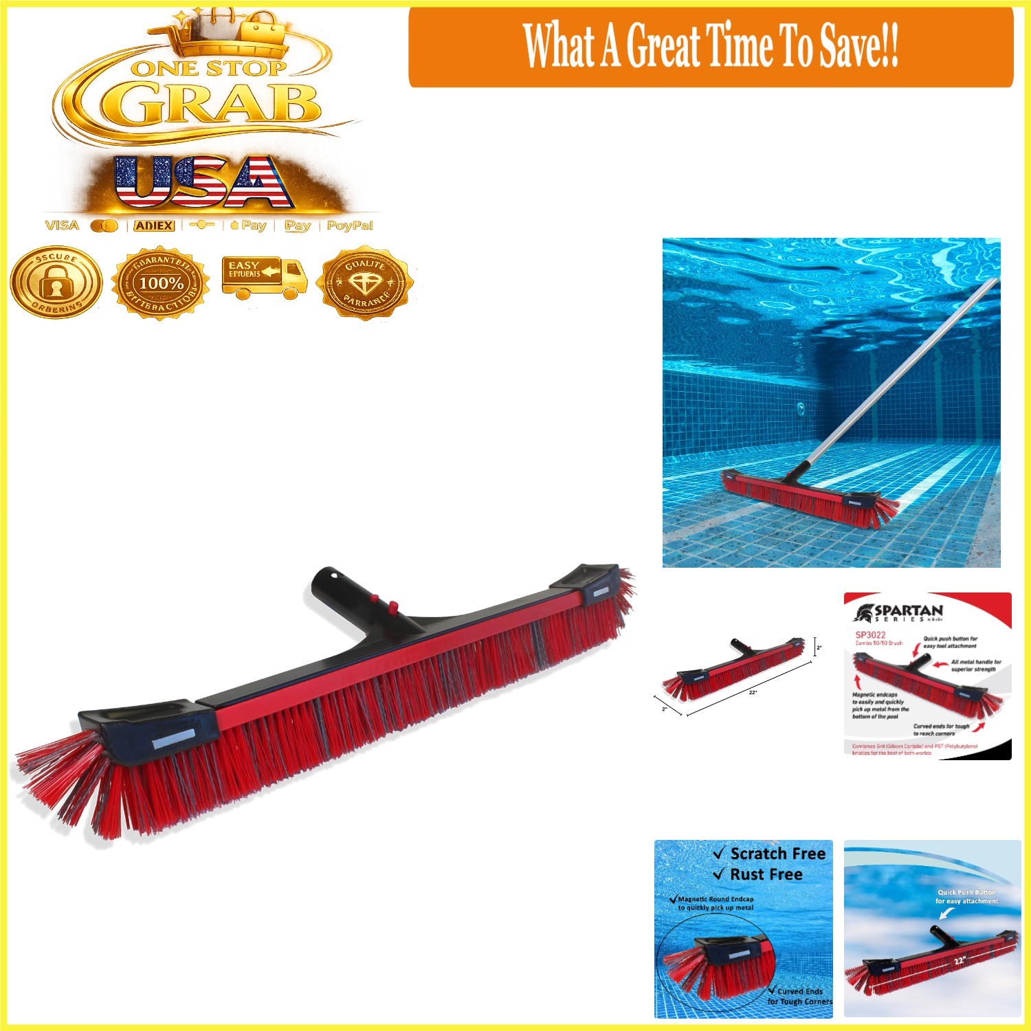 Spartan 22&Prime; Heavy Duty Pool Brush Combo Nylon PBT Bristles Wall Floors