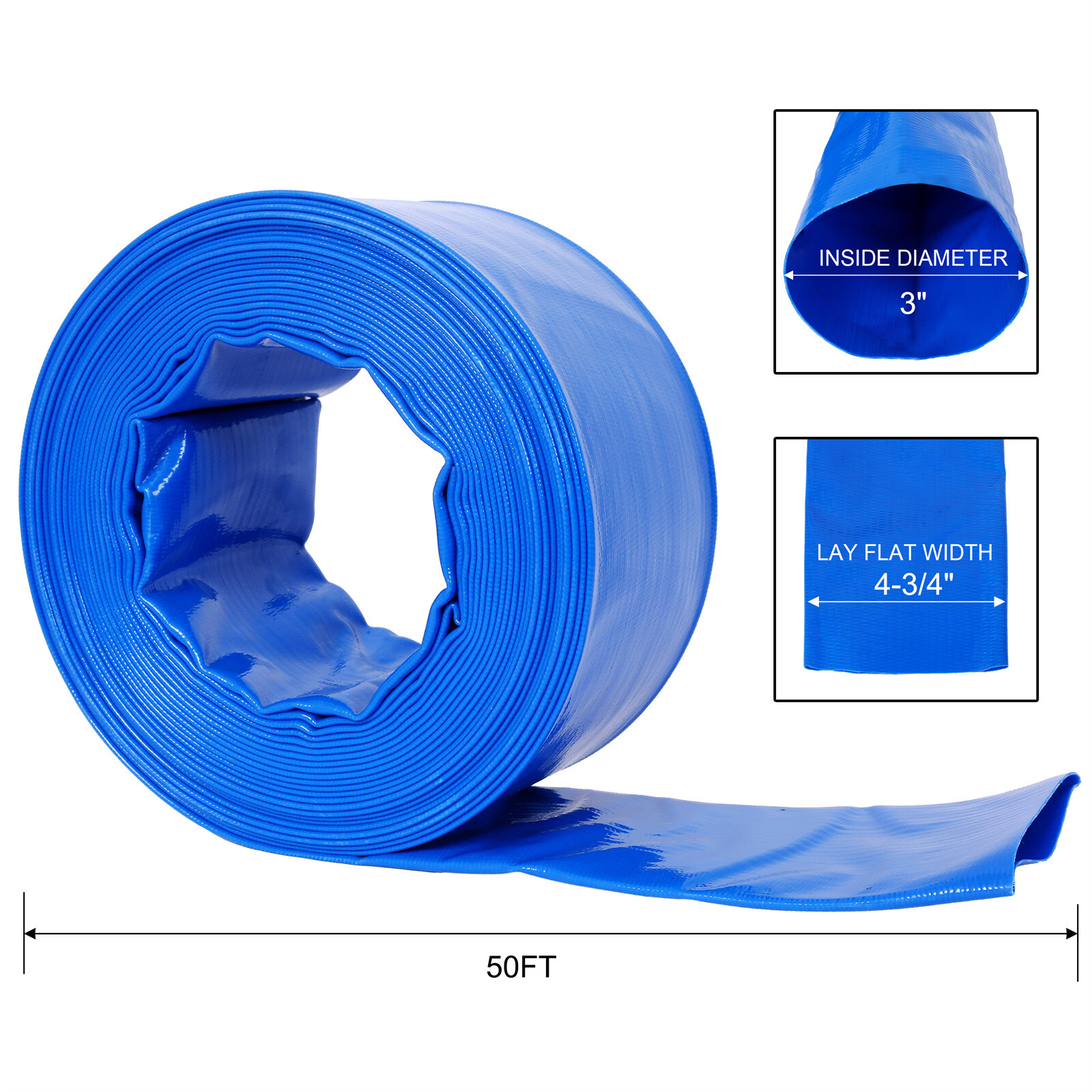 Discharge Hose 3-Inches x 50FT PVC Lay Flat Hose Backwash Drain Hose w/ Clamps
