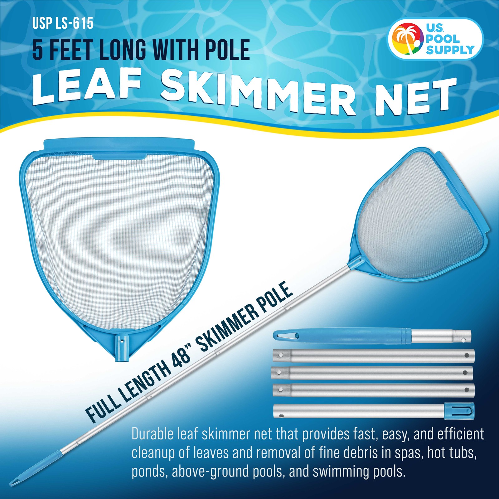 5ft Handheld Spa, Hot Tub, Swimming Pool Cleaning Net & Pole – Fine Mesh Netting