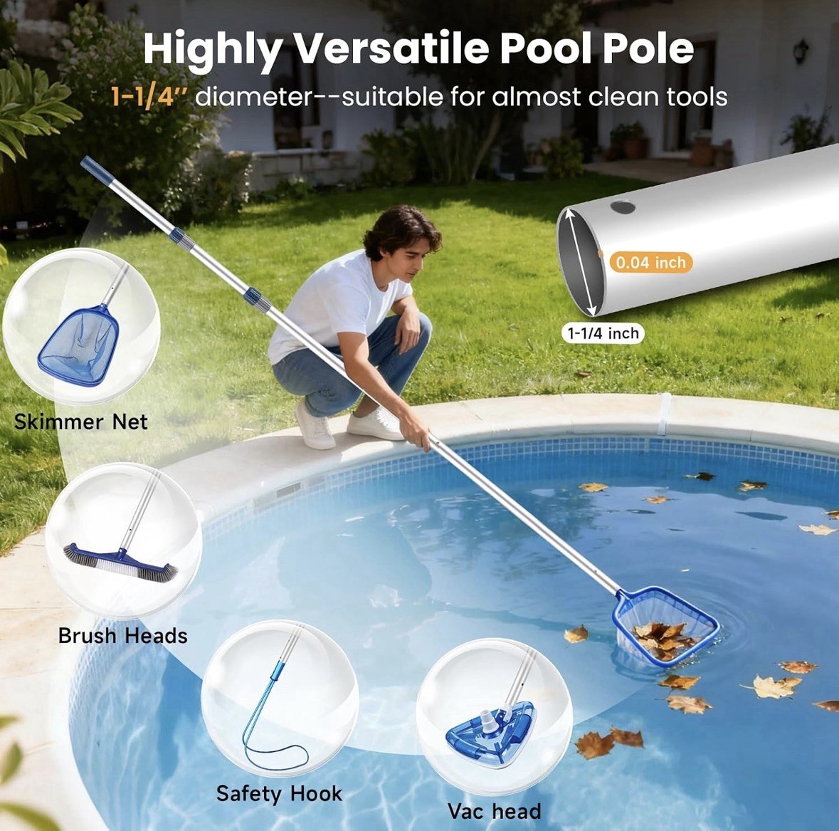 12ft Telescopic Aluminum Pool Pole – Corrosion Resistant Swimming Pool Pole