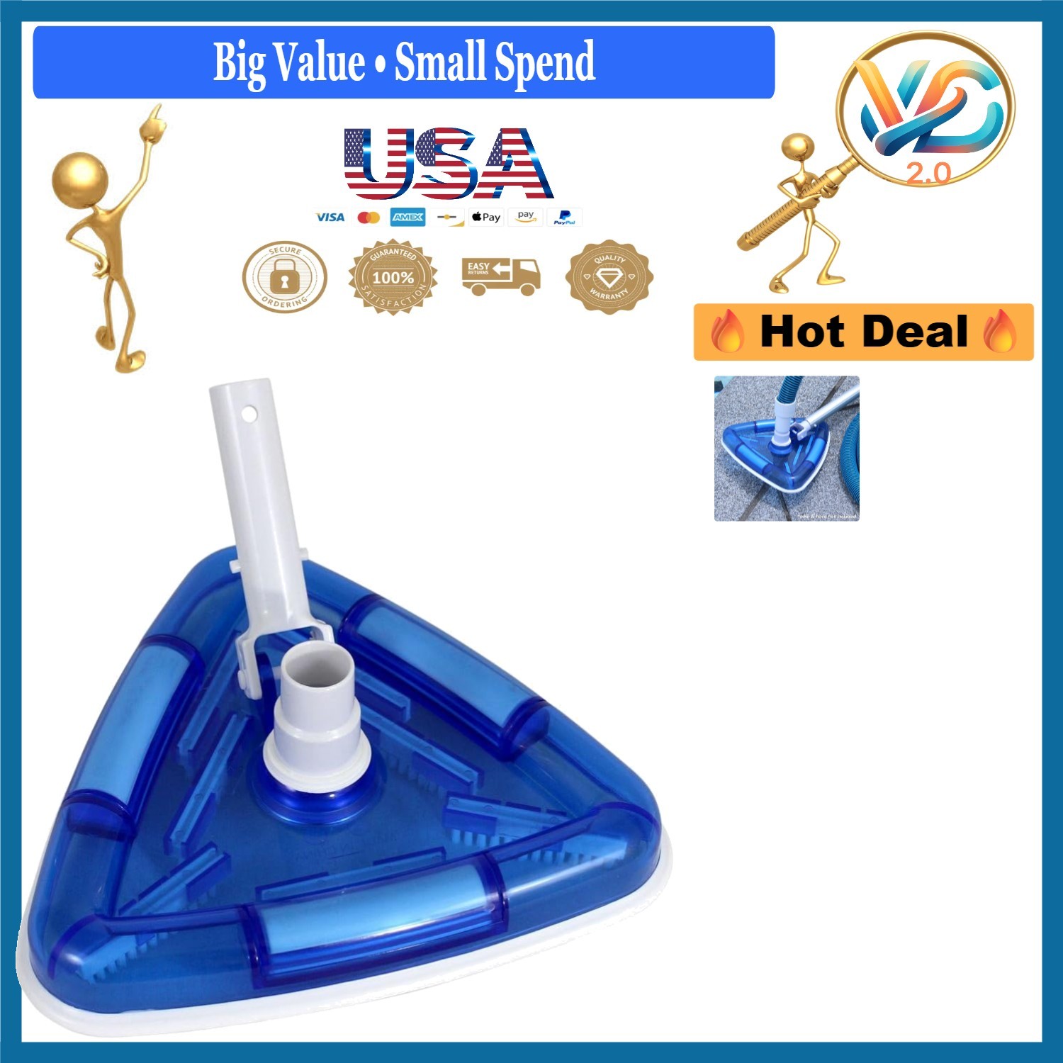 Kokido K052 Transparent Triangular Pool Vacuum Head Blue Lightweight