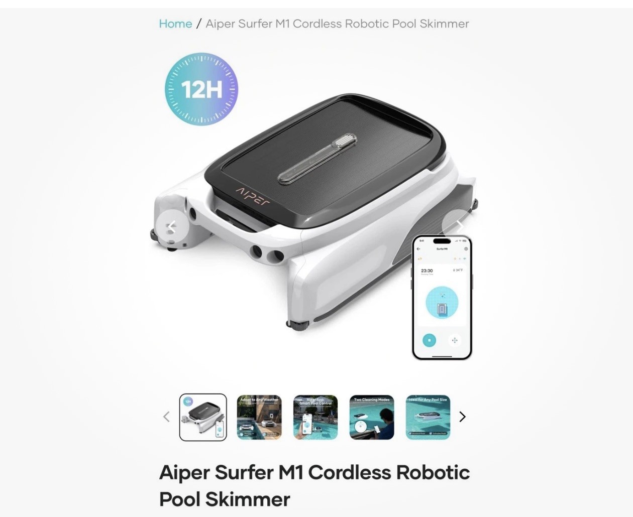 Aiper Surfer M1 Automatic Pool Skimmer Robotic Surface Cleaner with App Control