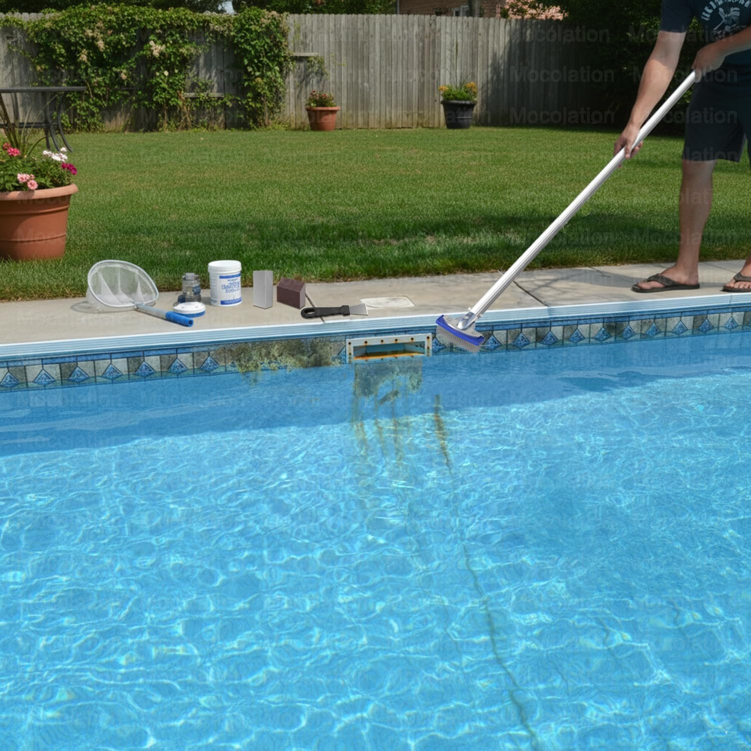 Pool Pumice Stone and 5-In Stainless Steel Pool Brush Set with Ez-Clip Handle to