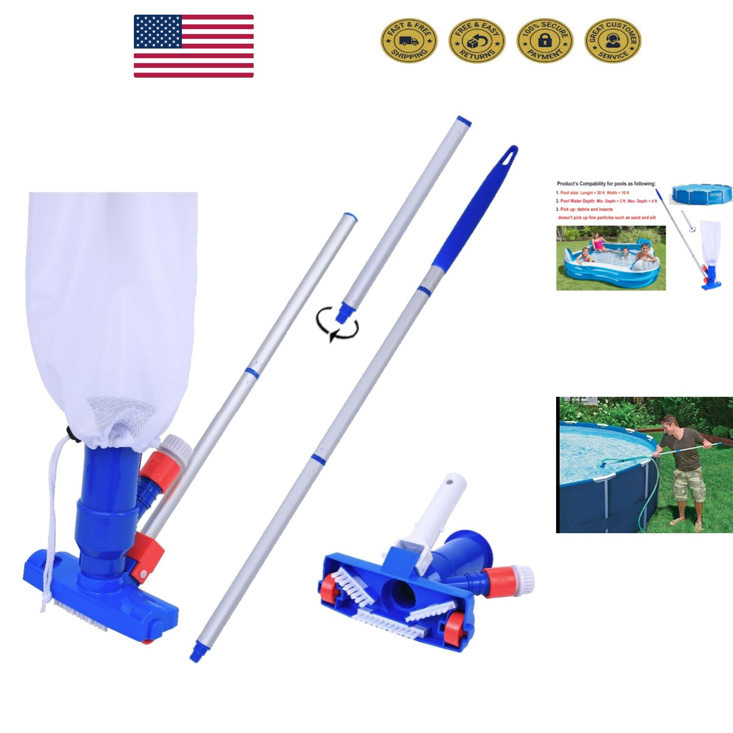 Effortless Pool Cleaning Jet Vacuum – 57&Prime; Poles, No Electric Power Required