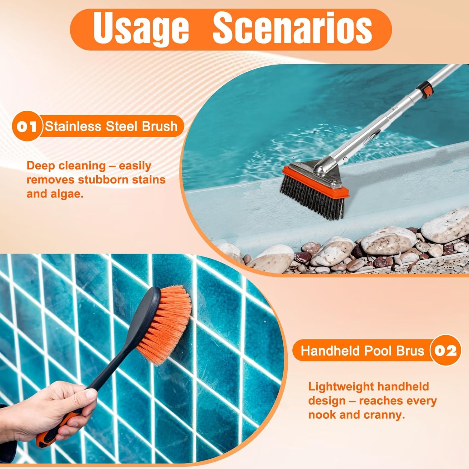 Pool Brush with 16FT Telescopic Pole Heavy Duty 18 In Rotatable Scrub Brushes