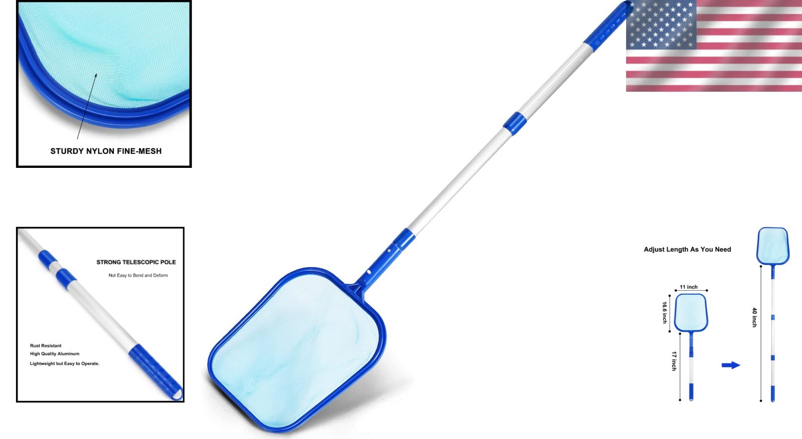 Versatile Pool Skimmer Net with Adjustable 17-40&Prime; Pole for Effortless Cleaning
