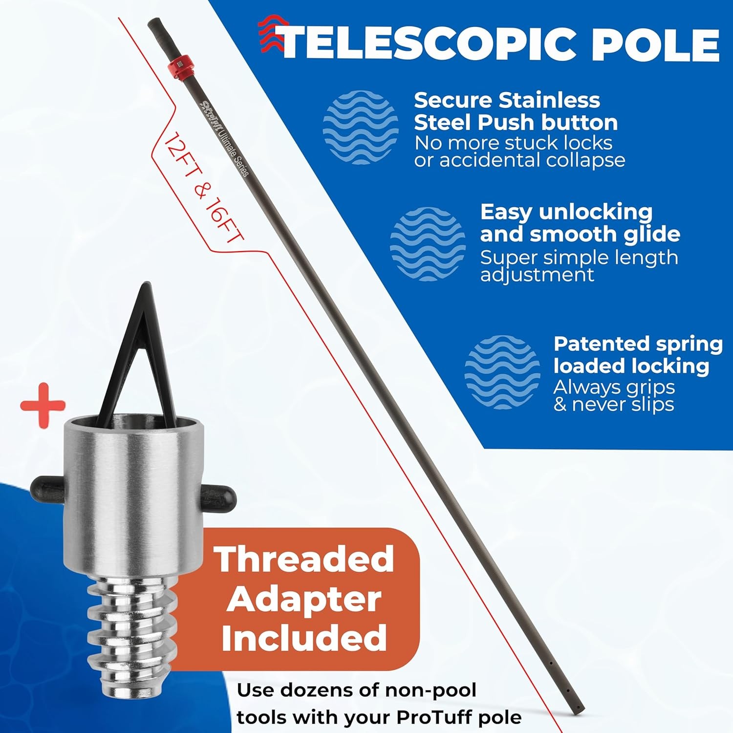 ProTuff 16ft Heavy Duty Telescopic Pool Pole–Unconditional Lifetime Replacement