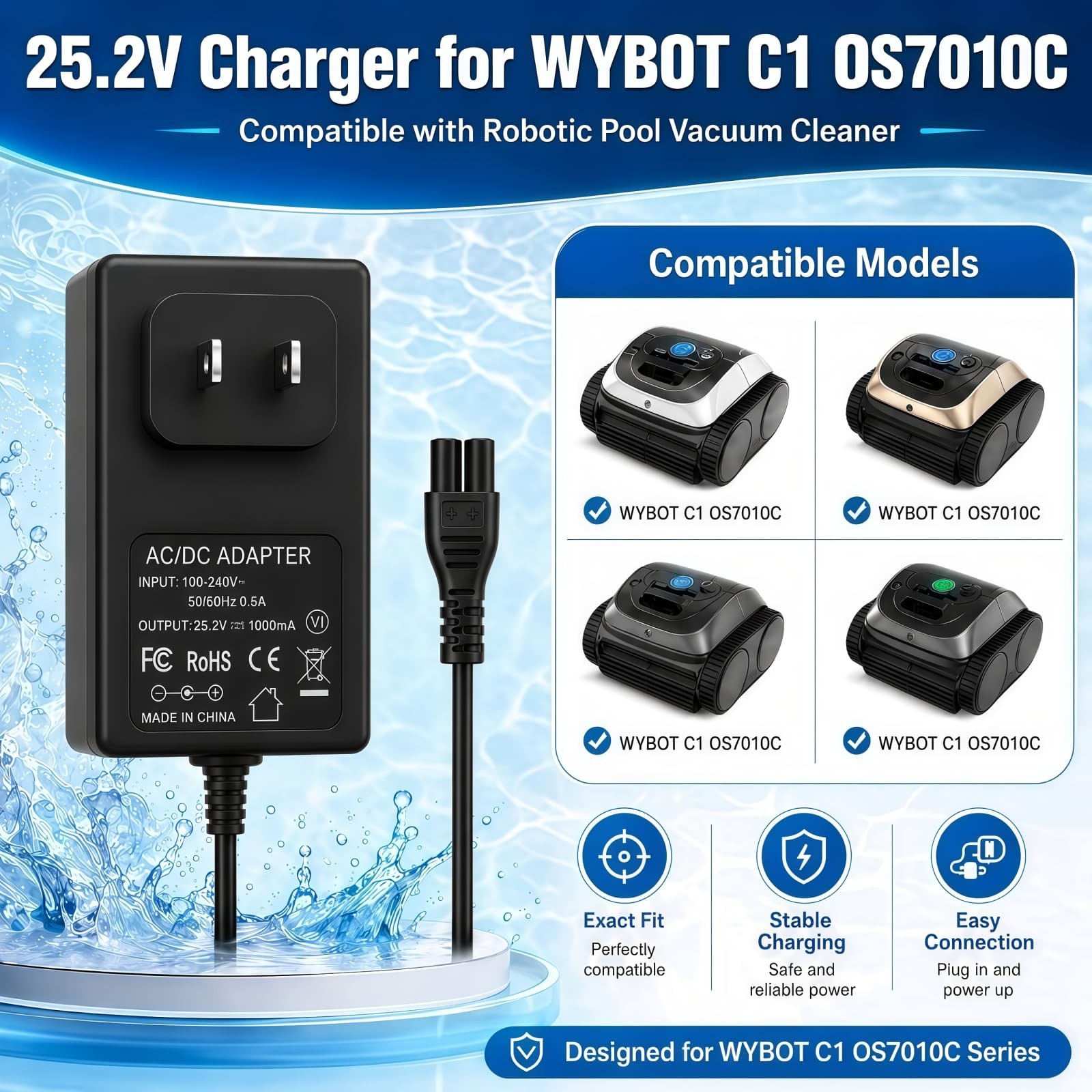25.2V Fast Charger for WYBOT C1, C2, C2B, and OS7010C Robotic Pool vacuums; A…
