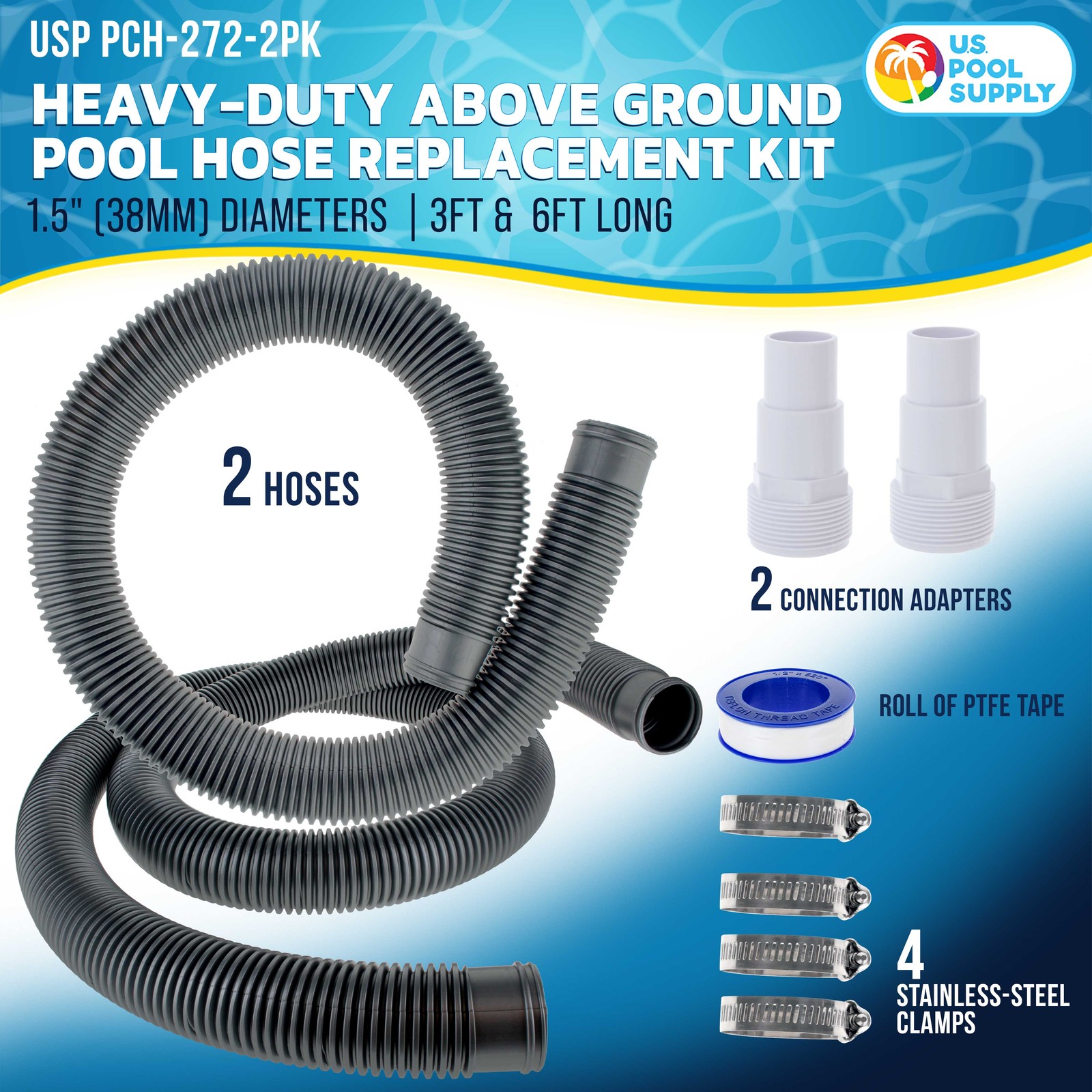 1.5&Prime; Hose Replacement Kit 3&prime; & 6&prime; Silver Hoses, 2 Connection Adapters, 4 Clamps